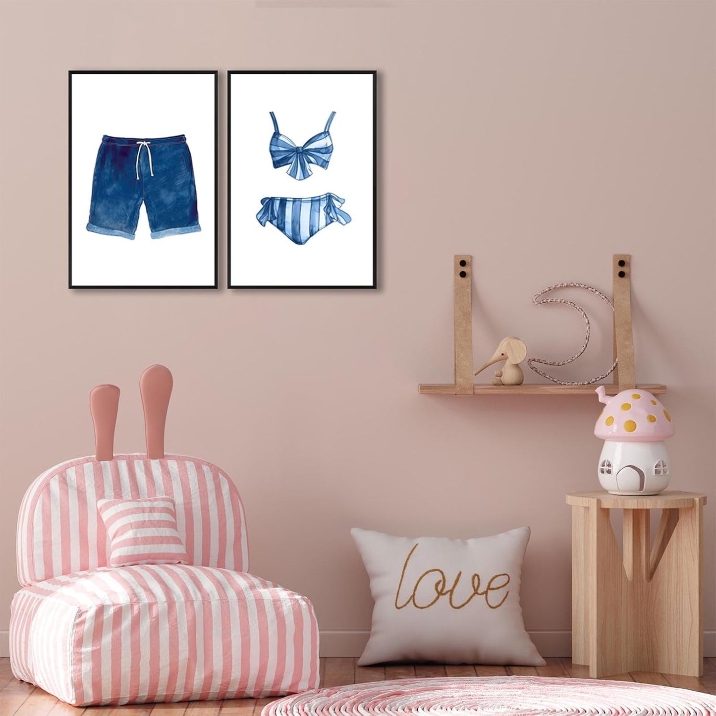 Liyark Set of 2 Retro Navy Blue And White Swimsuit Art Posters Beach Bathing Suit Prints Painting Beach House Wall Art Coastal Wall Decor Pictures For Bathroom Home Decoration 12x16in Framed