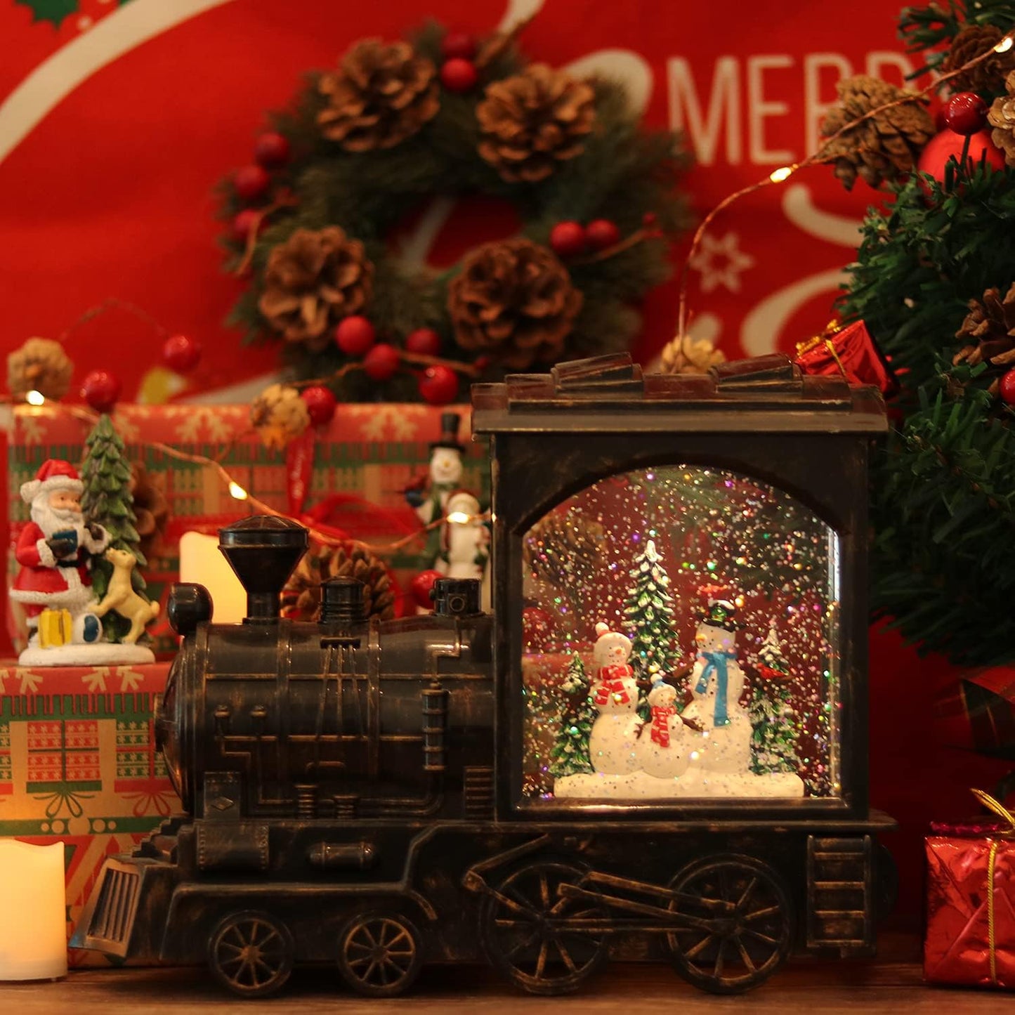 GenSwin Lighted Christmas Snow Globe Lantern, Battery Operated Snowman Musical Train LED Water Glittering with 6H Timer, Christmas Home Decoration Gift(Copper)