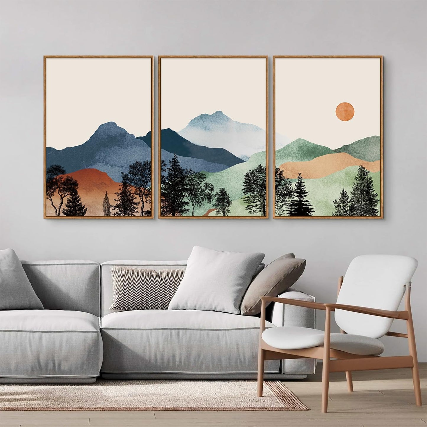 SIGNINART Boho Mountain Framed Canvas Wall Art Set of 3, Watercolor Nature Landscape Set Art Prints, Modern Sunrise Art Paintings, Green Forest Wall Decor for Living Room, Bedroom, Office 16"x24"x3