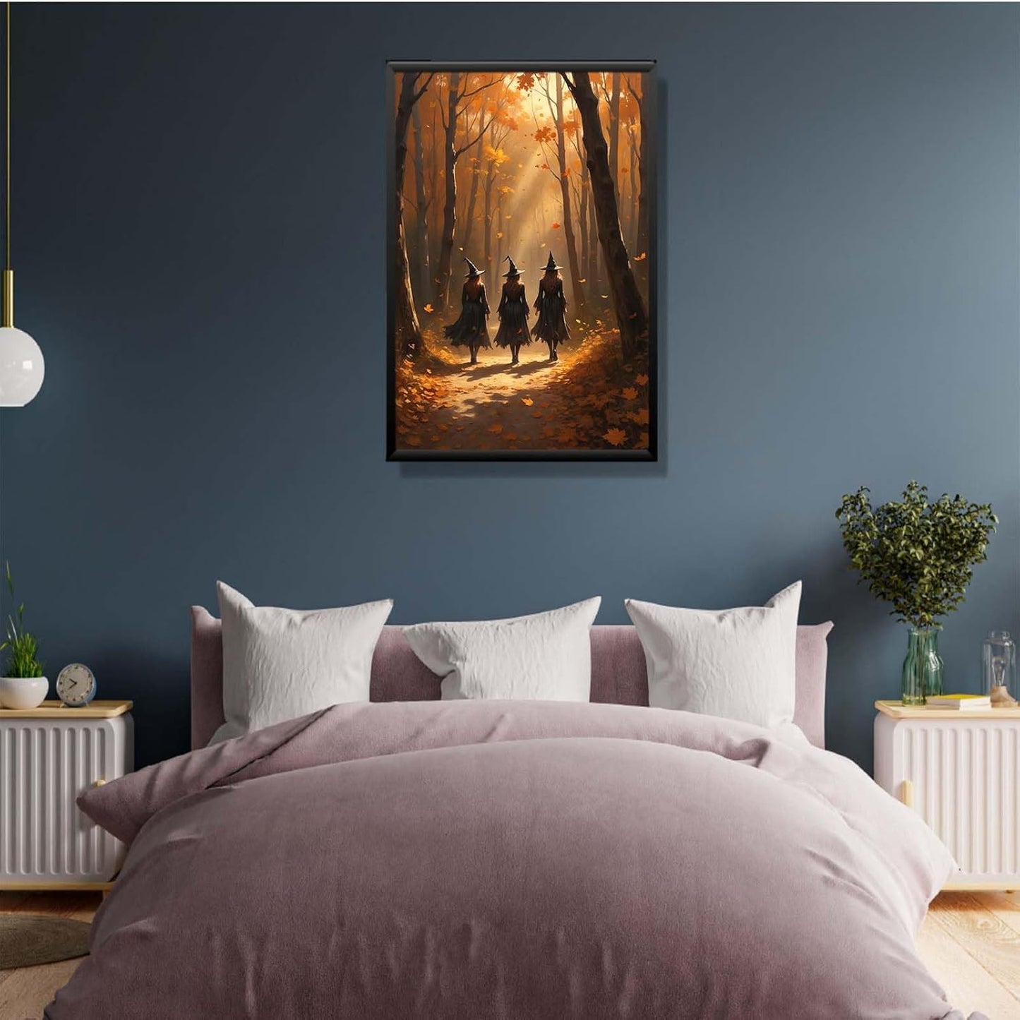 JFHCQJPK Three witches walking in the forest in autumn canvas painting gothic poster halloween print country witch wall art for home decoration24x36in Metal blackFramed