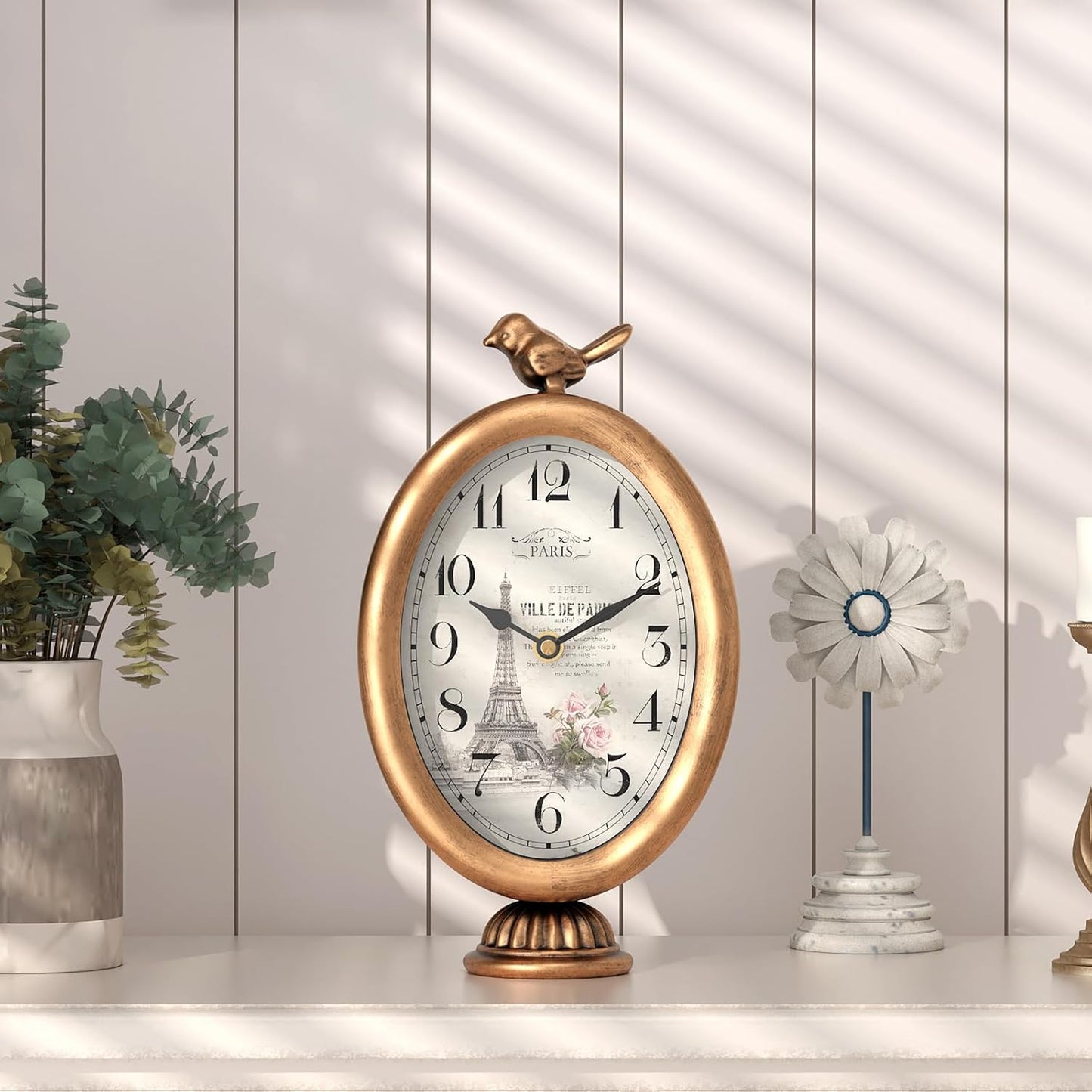 Vintage Table Clock with Bird, Desk and Shelf Decor Clock, French Paris Style, Antique Gold Metal Mantel Clocks for Living Room, Farmhouse, Bedroom, Bedside, Gift (10" H x 5.9" W)