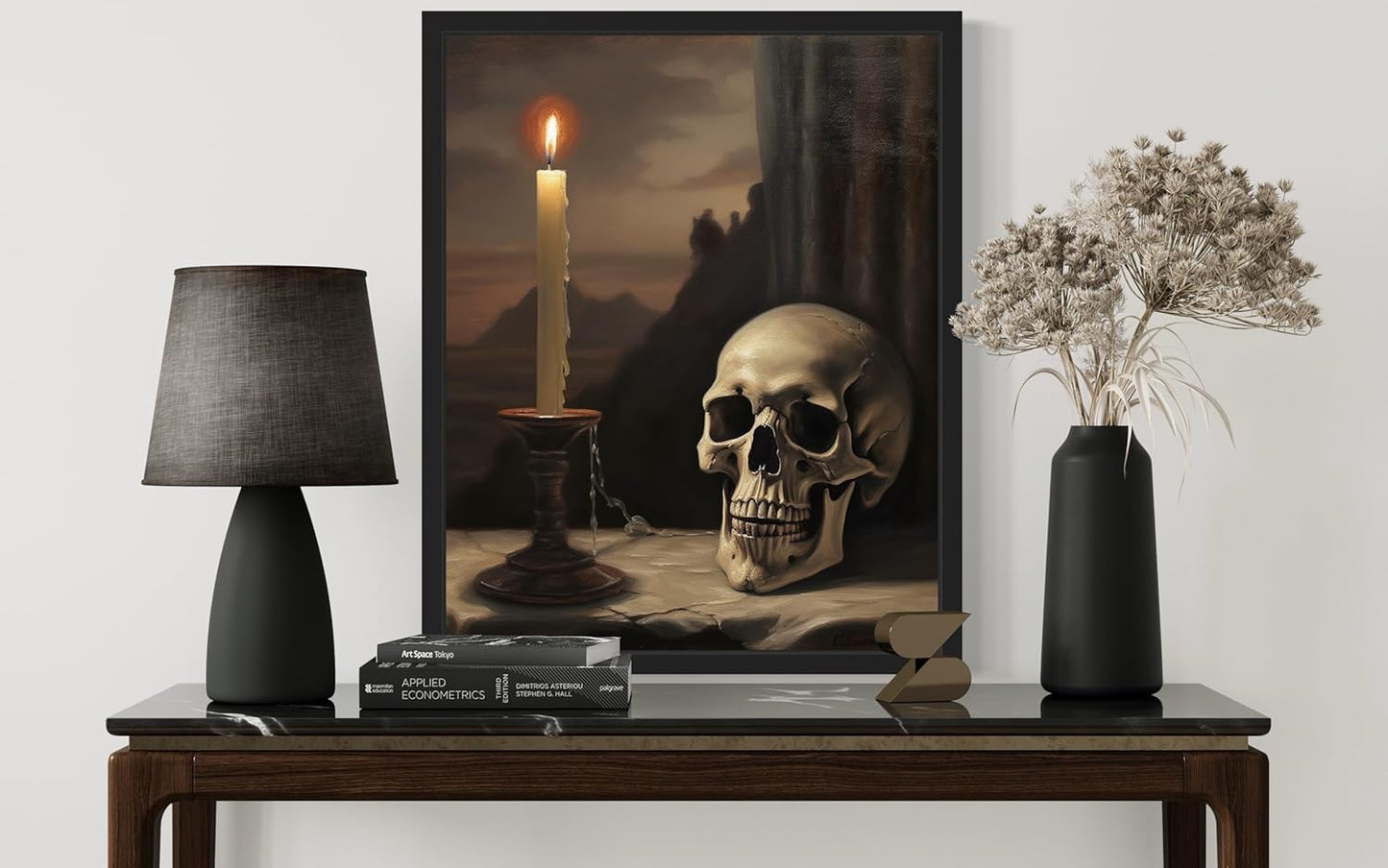 Skull and Candle Poster Art Print, Halloween Scary Vintage Wall Art Academia Spooky Painting Decoration for Horror Prints, Gothic Posters Bedroom Decor 89 (Skull and Candle, 8 x 10 inches, Black Frame)