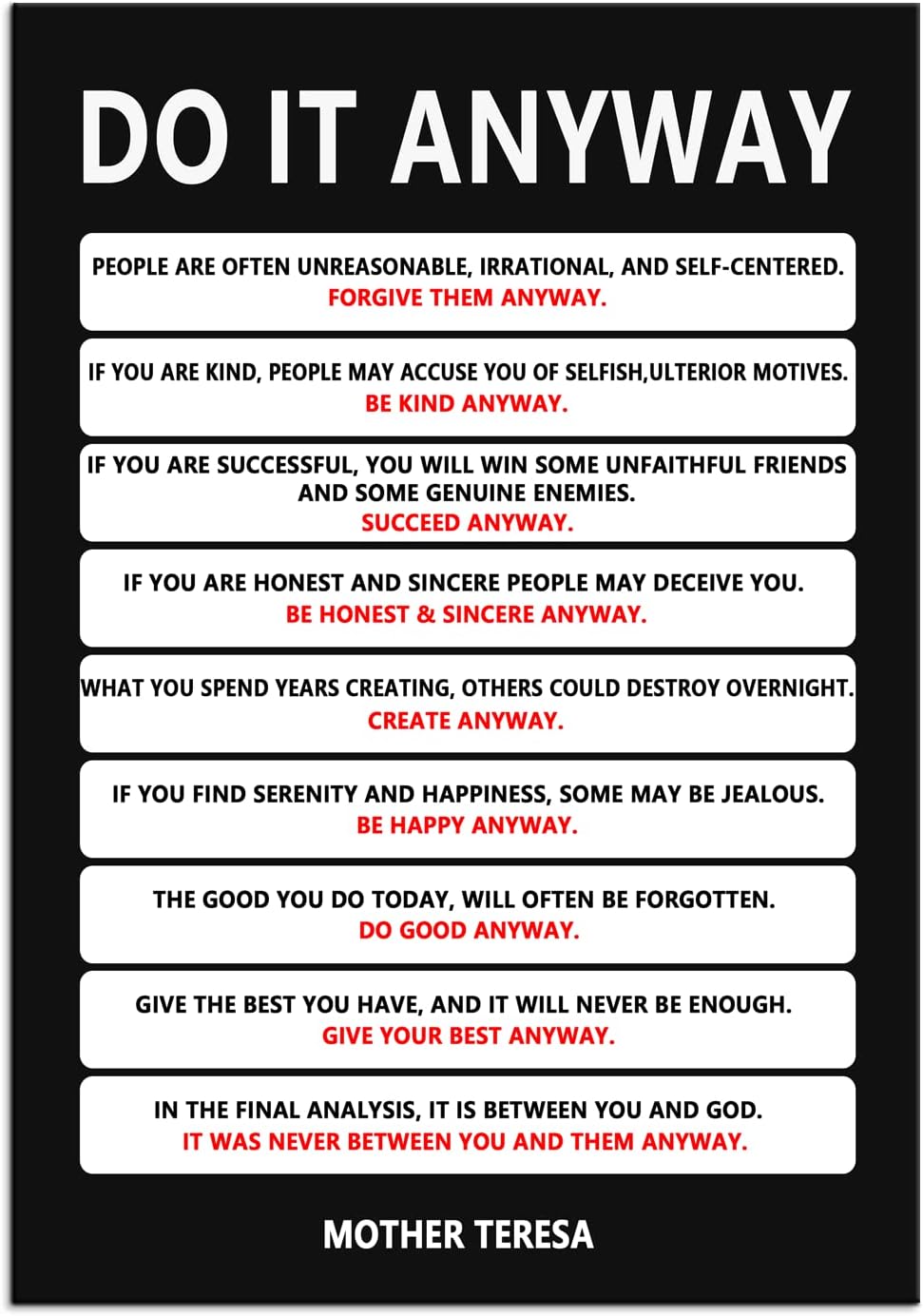 Do It Anyway Canvas Wall Art for Living Room Inspirational Mother Teresa Quote Poster Wall Decor Paintings Wooden Framed Artwork Bedroom Kitchen Home Decoration Ready to Hang[12''W x 18''H]