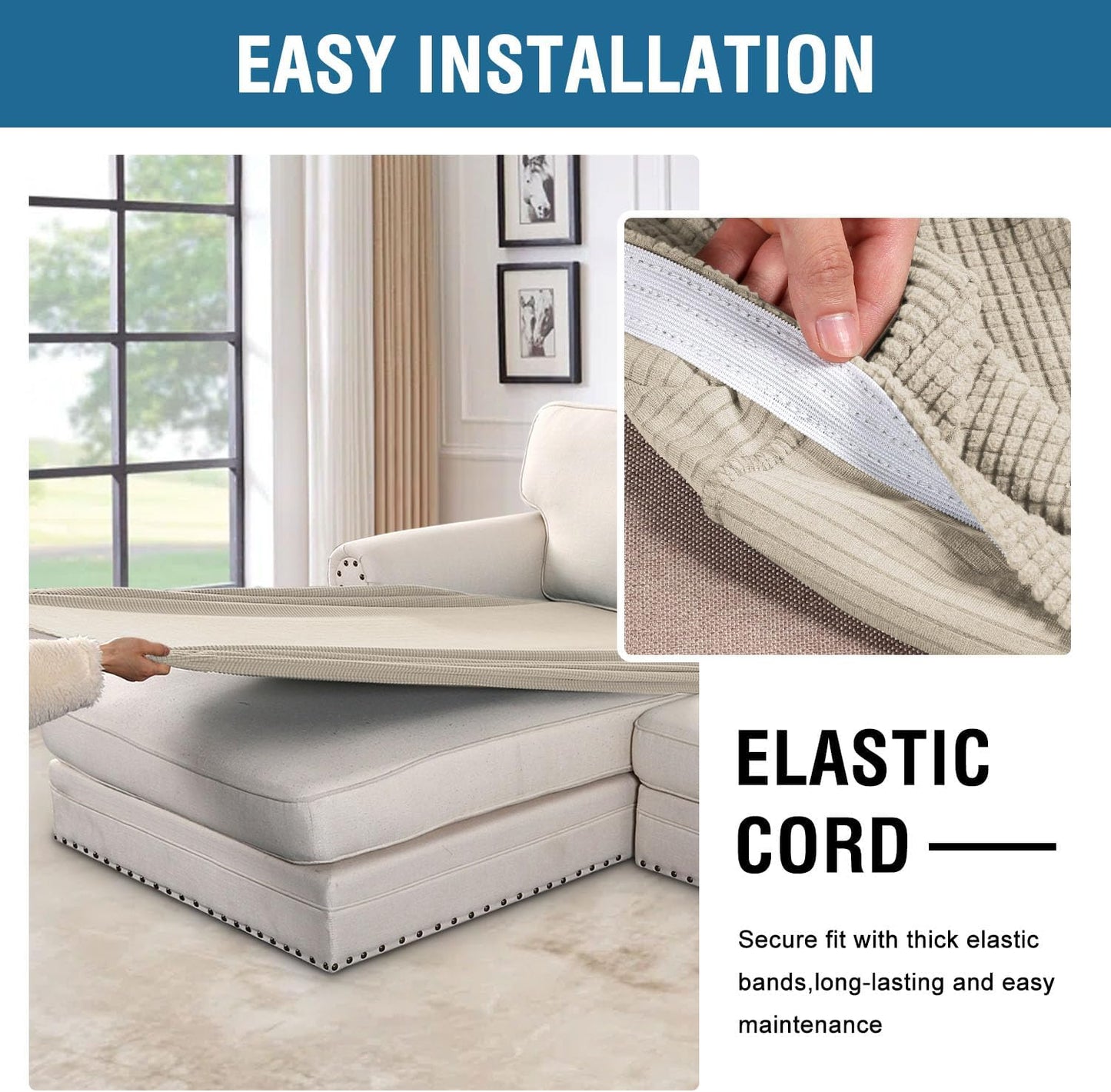 H.VERSAILTEX Super Stretch Individual Chaise Cover Sectional Couch Covers for L Shaped Sofa Both Left/Right Featuring Thick Jacquard Textured Twill Fabric (1 Piece Chaise Cover, Natural)