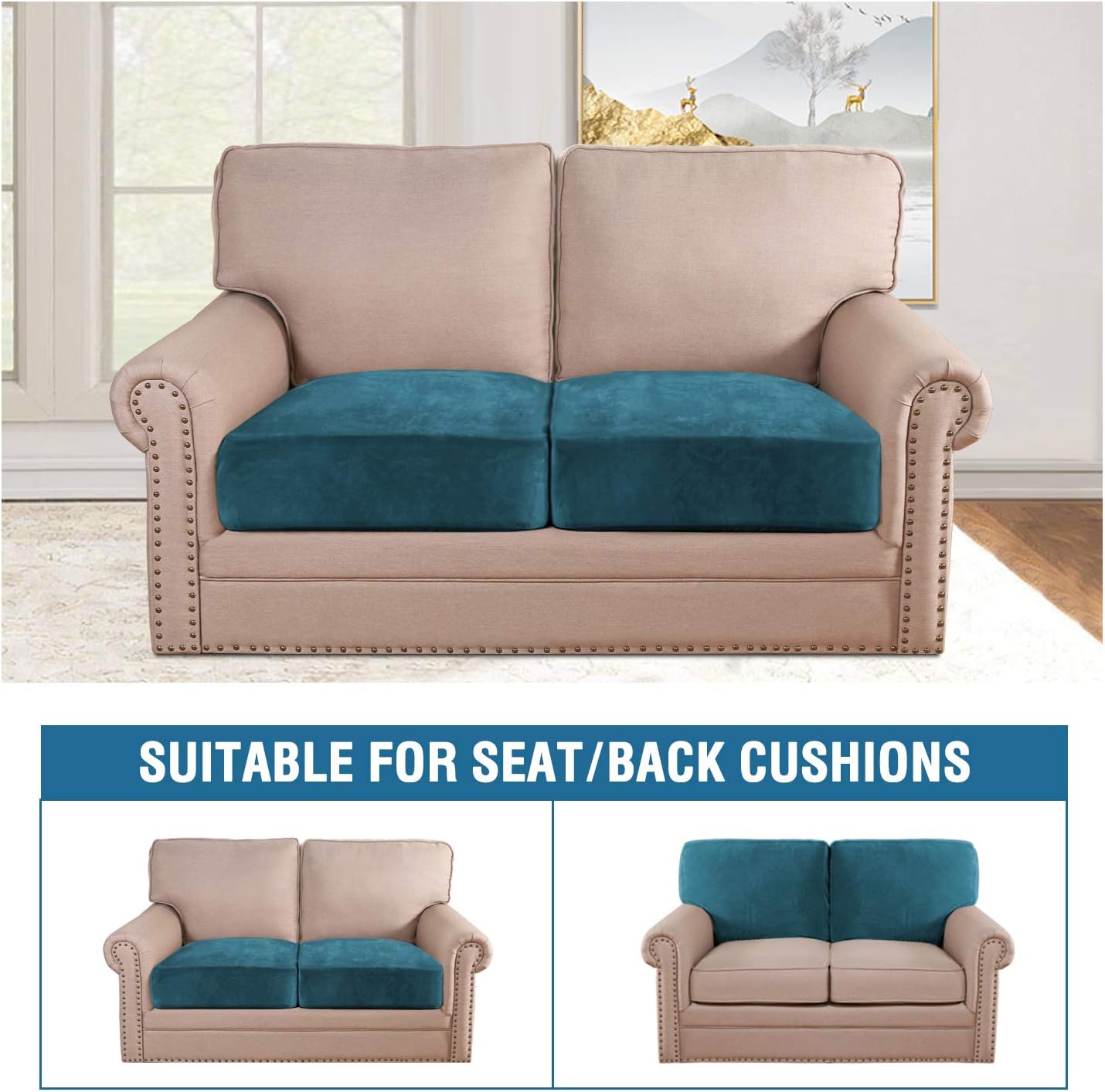 H.VERSAILTEX Velvet Stretch Couch Cushion Cover Plush Cushion Slipcover for Chair Loveseat Sofa Cushion Furniture Protector Seat Cushion Sofa Cover (2 Piece Large Sofa Cushion Covers, Deep Teal)