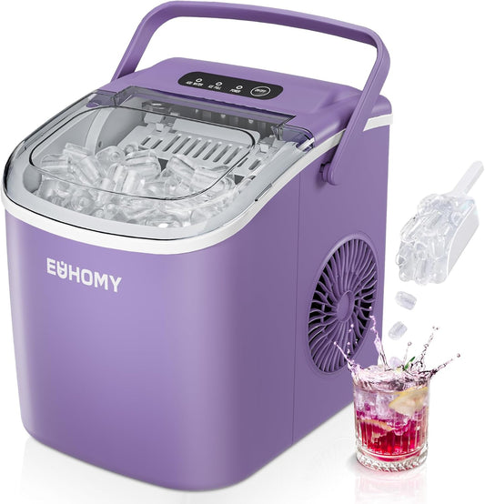 EUHOMY Countertop Ice Maker Machine with Handle, 26lbs Per Day, 9 Ice Cubes Ready in 6 Mins, Auto-Cleaning Portable Ice Maker with Basket and Scoop, for Home/Kitchen/Camping/RV (Purple)