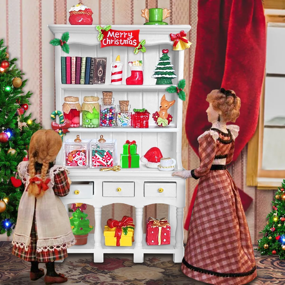 Dollhouse Miniatures Accessories 1/12 Scale, 34pcs White Wooden Bookshelf Furniture Kit - Mini Books&Gift Boxes, Candy Jars, Christmas Tree&hat, Dollhouse Christmas Decorations for Kids