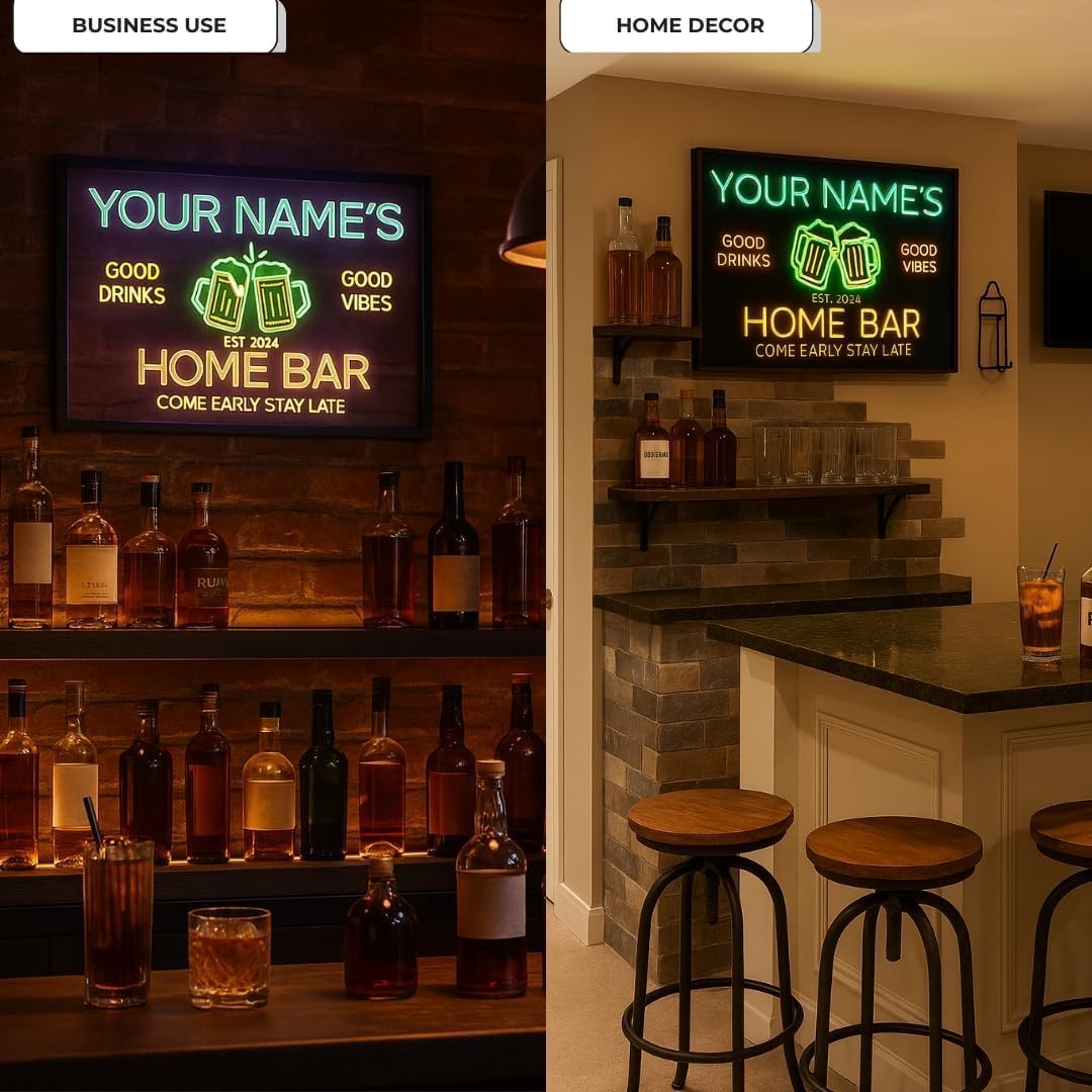 Personalized Home Bar Neon Sign LED Light Up Bar Wall Decor with Beer Mugs and Snacks Icons for Home Pub Kitchen Lounge Man Cave Party Room Custom Name Gift