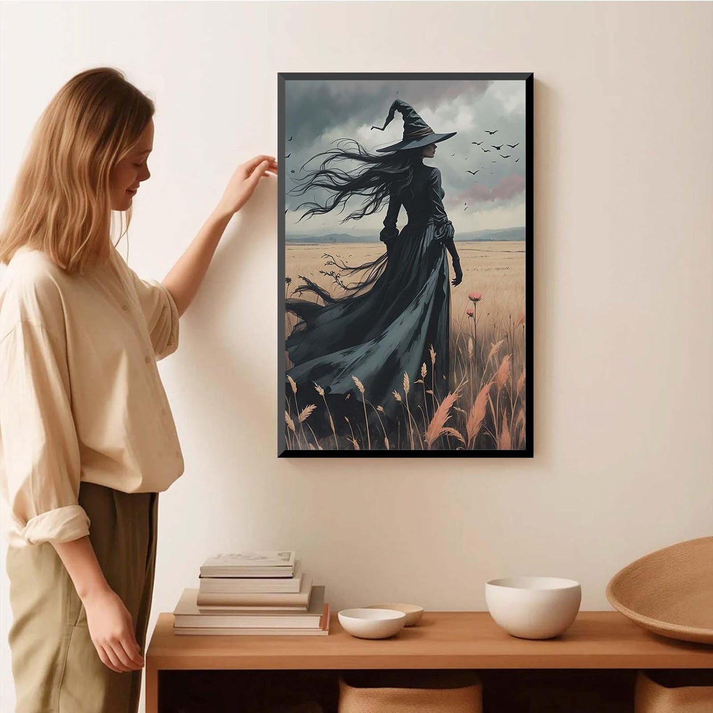 JFHCQJPK Gothic Decor Canvas Wall Art Witch in Rice Field Halloween Art Decor Print Nature Print Victorian Home Bedroom20x30in Metal blackFramed