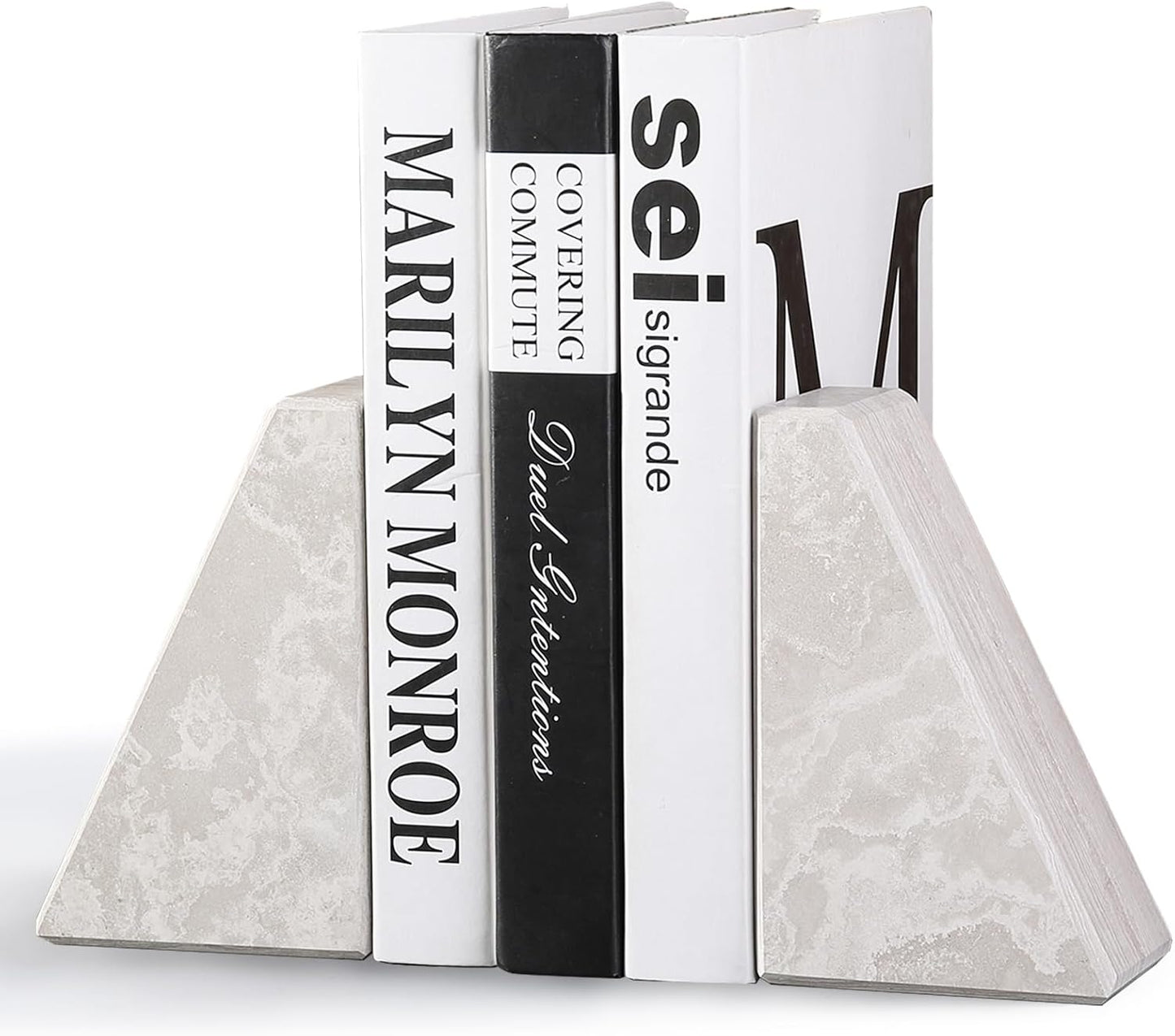 Marble Bookends for Heavy Books, Decorative Book Ends for Shelves, Durable and Heavy-Duty Bookends for Hardback Book & CDS, Off-White Unique Books Stopper & Holder, Set of 2