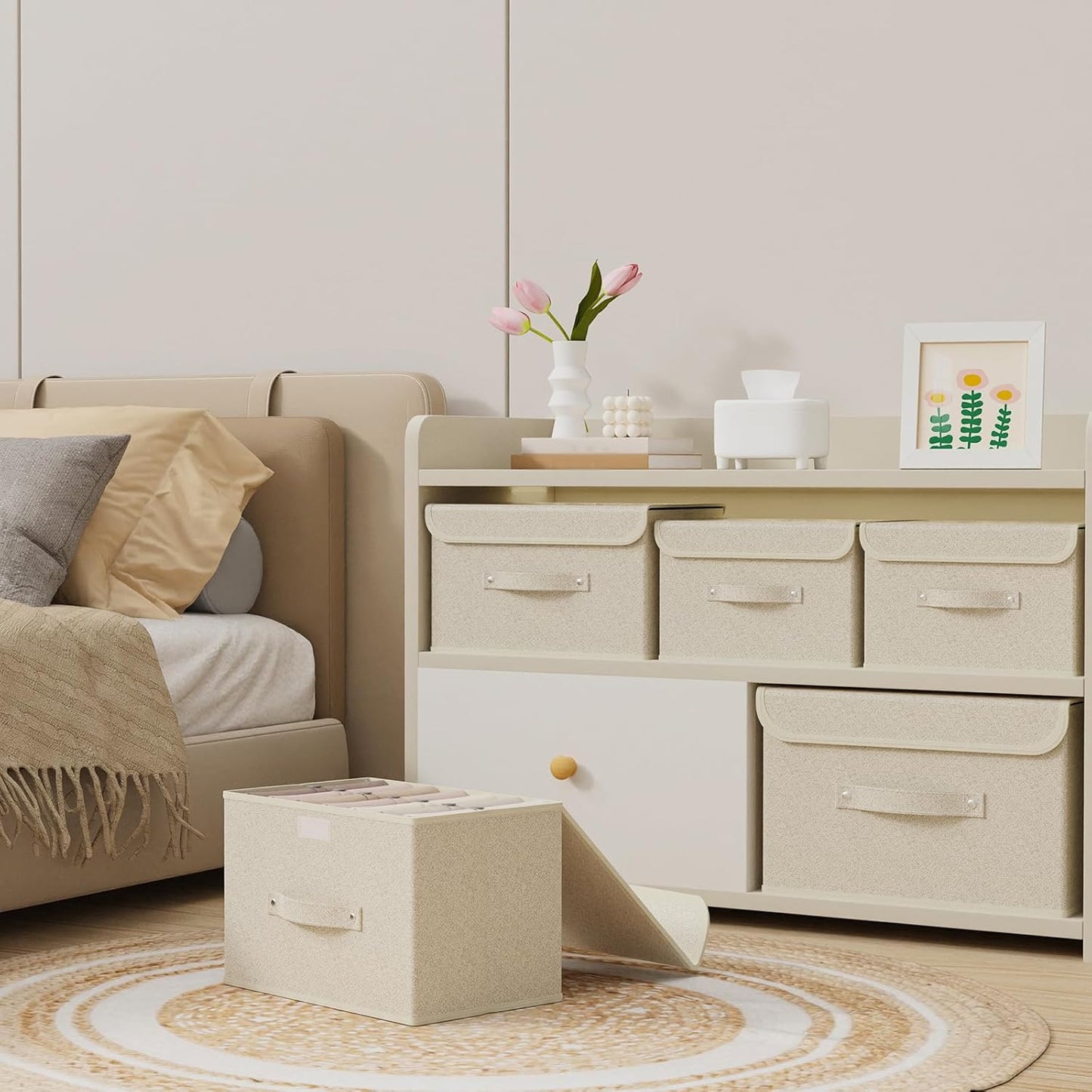 Fabric Storage Bins Cube Organizers with Flip-Top Lid and Handles,Storage Boxes for Organizing Home,Office,and Closet,Grey and Beige,3 Pack 15 x 9.8 x 9.8 in