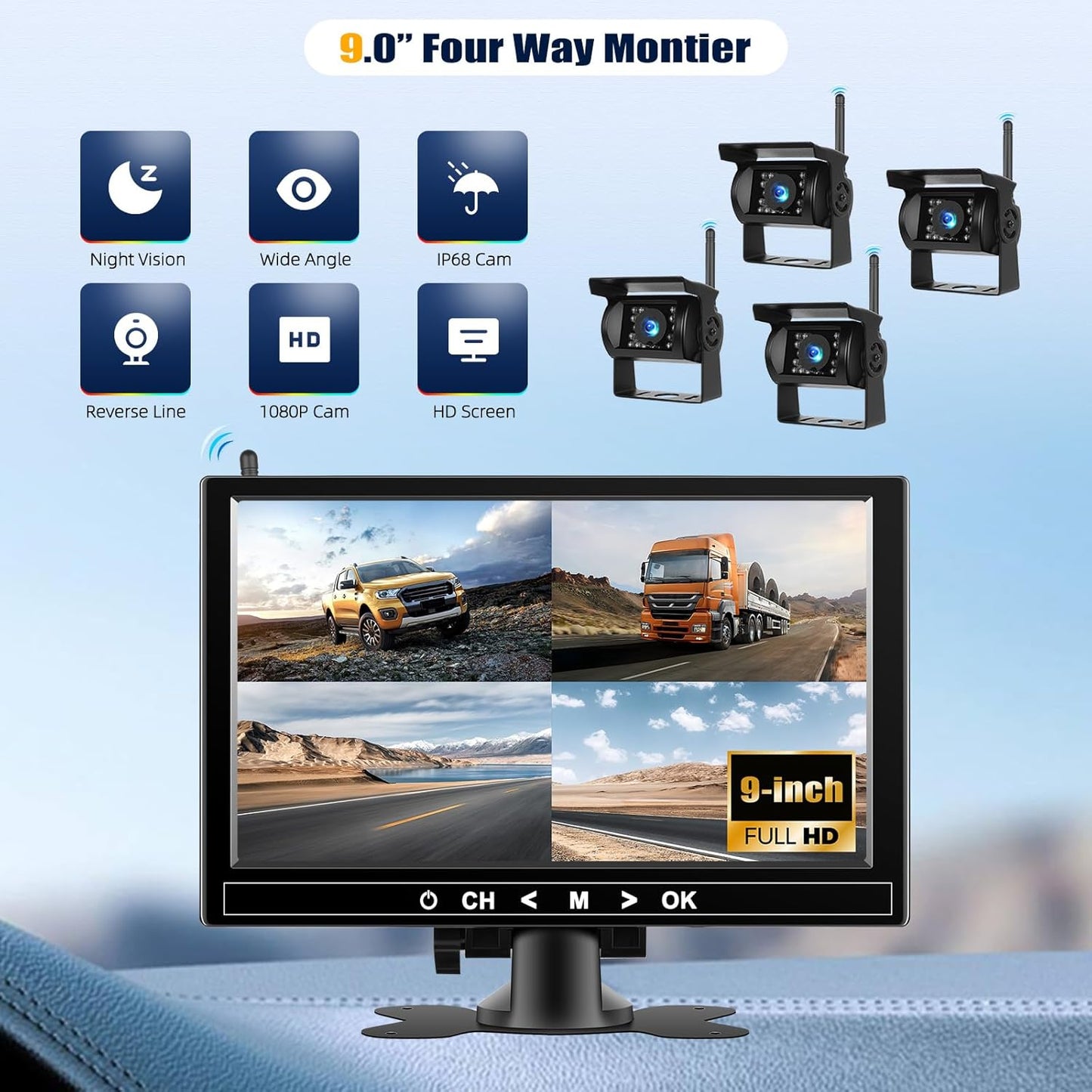 1080P Wireless RV Backup Camera System,9 Inch Reverse Camera Monitor for 4 Channels with IP69 Waterproof Night Vision Backup Camera Front Rear View Camera for Truck/RV/Van/SUV/Pickup