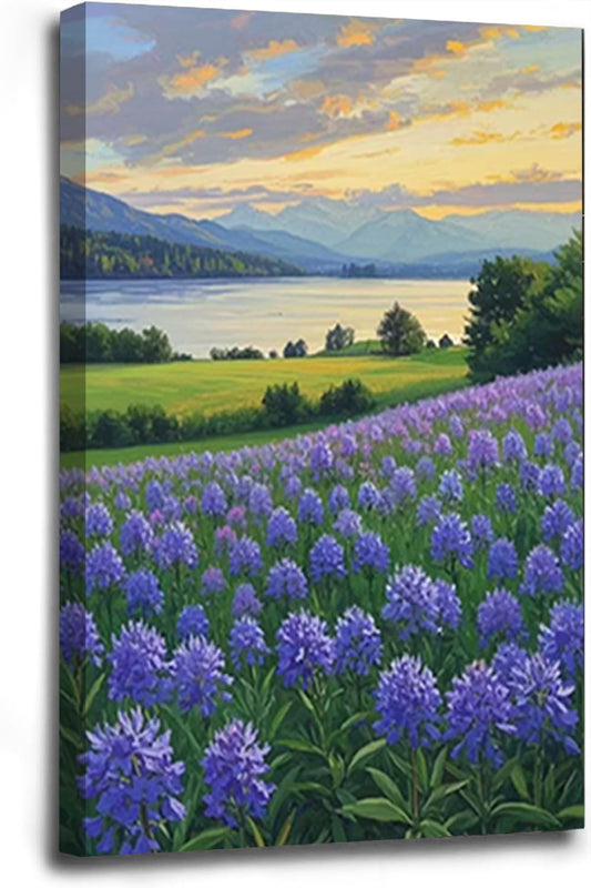 The lavender scenery all over the lake at sunset is suitable for posting in the living room bedroom office landscape poster wall painting