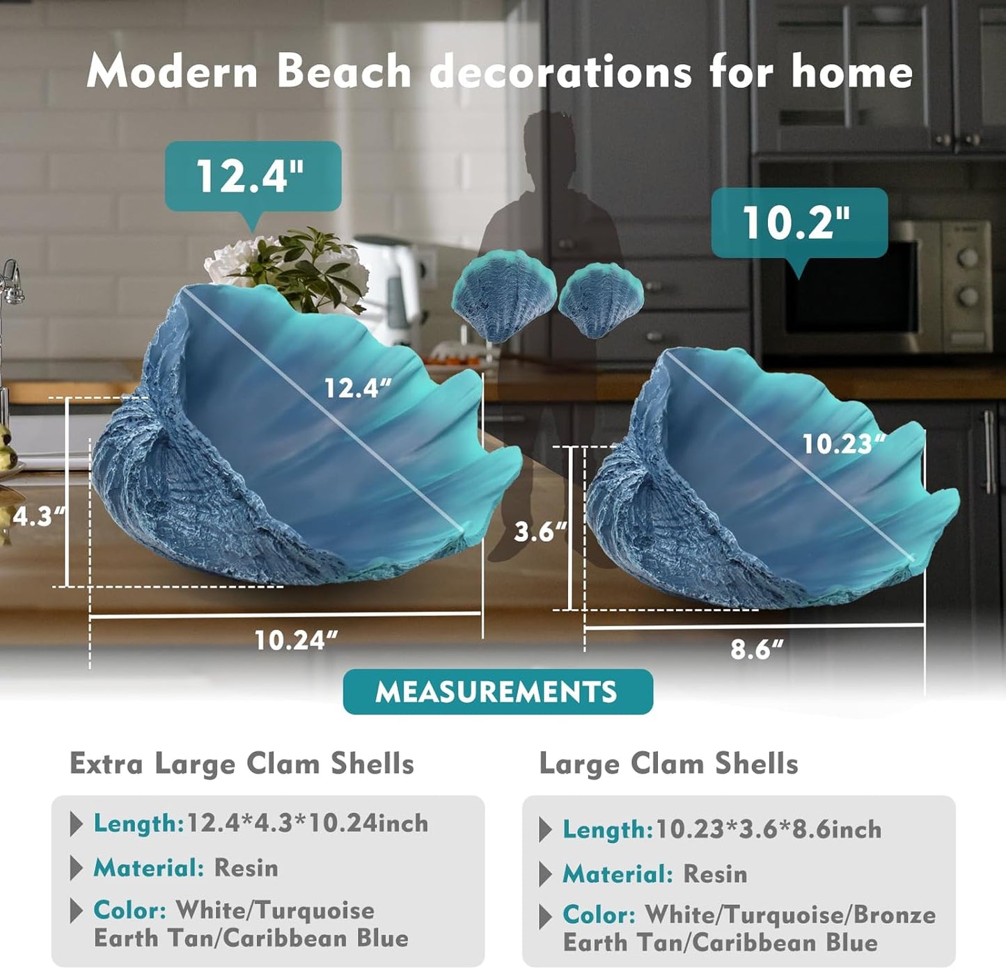 Large Caribbean Blue-Aqua Sea Shells Decorative Bowl Resin Clam Shell Bowl Beach Decorations for Home Coastal Beach Decor Decoration Storage Bowls&Home Office Nautical Themed Party Decor-10.2"-1PC