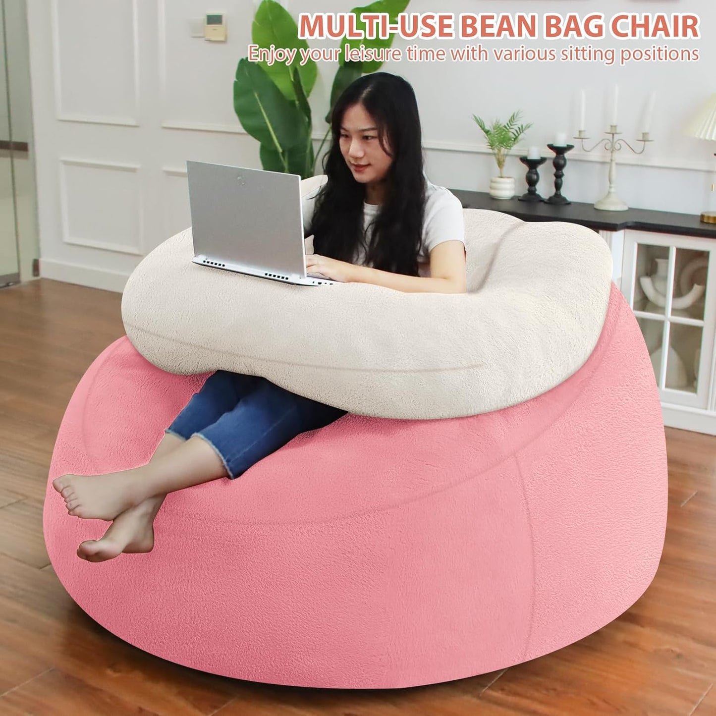 HABUTWAY Bean Bag Chair with U-Shaped Pillow - Faux Fur Fabric (Beige-Light Pink)
