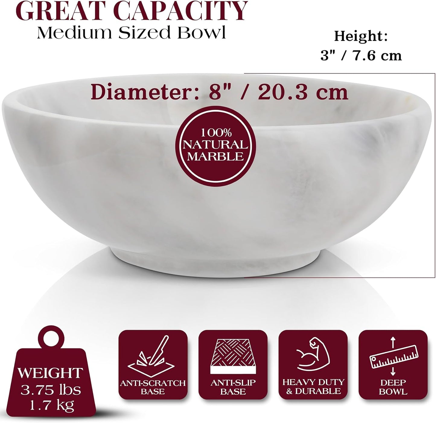 Gusto Nostro 8" Luxury White Marble Decorative Bowl for Coffee Table - Elegant Modern Fruit Bowl for Kitchen Counter - Heavy Stone Entryway Catch all for Keys, Jewelry, Potpourri Holder - Medium Size