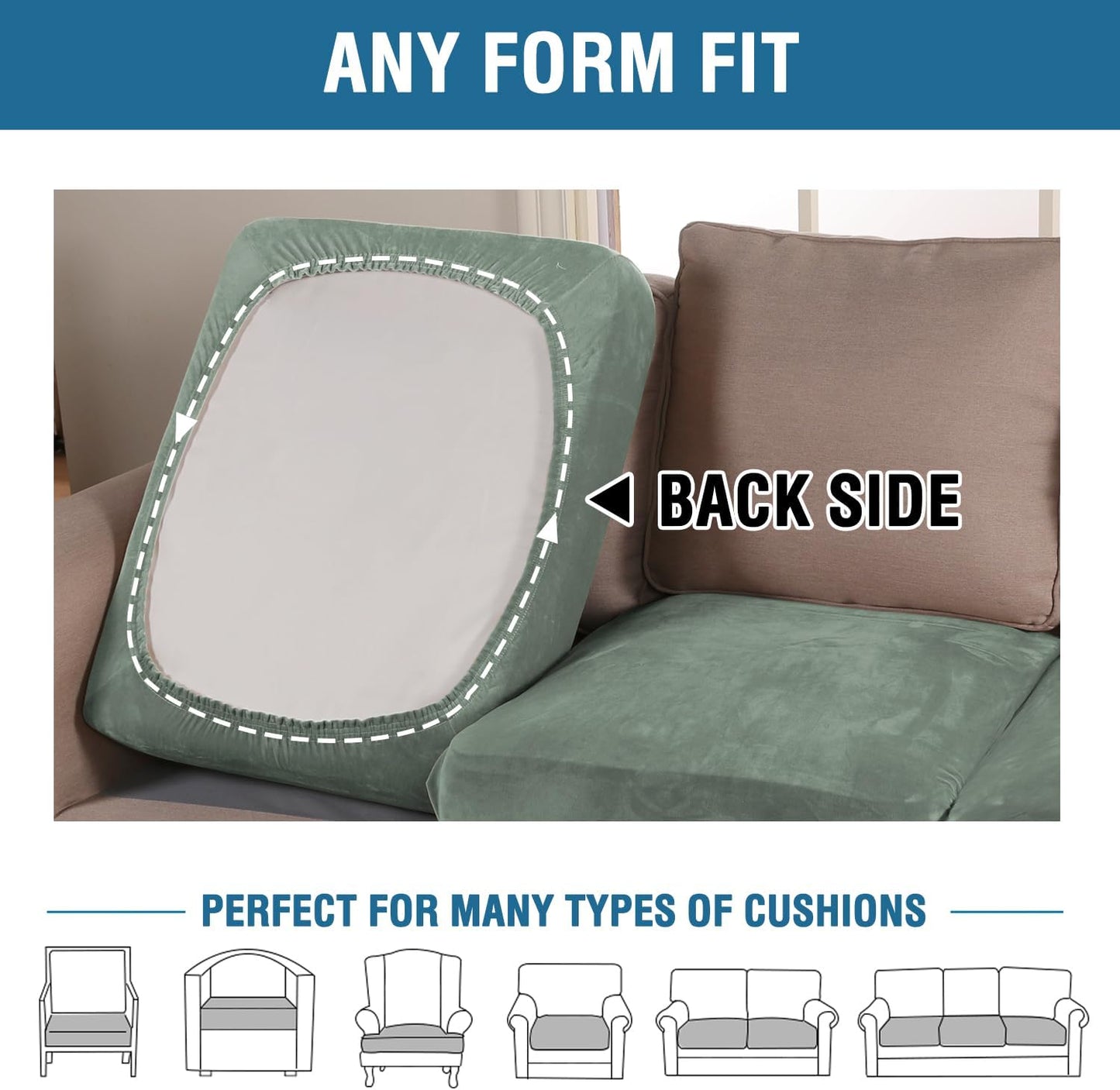 H.VERSAILTEX Velvet Stretch Couch Cushion Cover Plush Cushion Slipcover for Chair Cushion Furniture Protector Seat Cushion Sofa Cover (1 Piece Armchair Cushion Covers, Sea Grass)