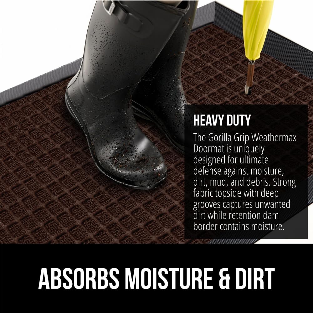 GORILLA GRIP 100% Waterproof All-Season WeatherMax Doormat 35x23, US Designed Natural Rubber, Stain and Fade Resistant, Low Profile Indoor Outdoor Door Mats, Easy Clean Patio Mat, Coffee Squares