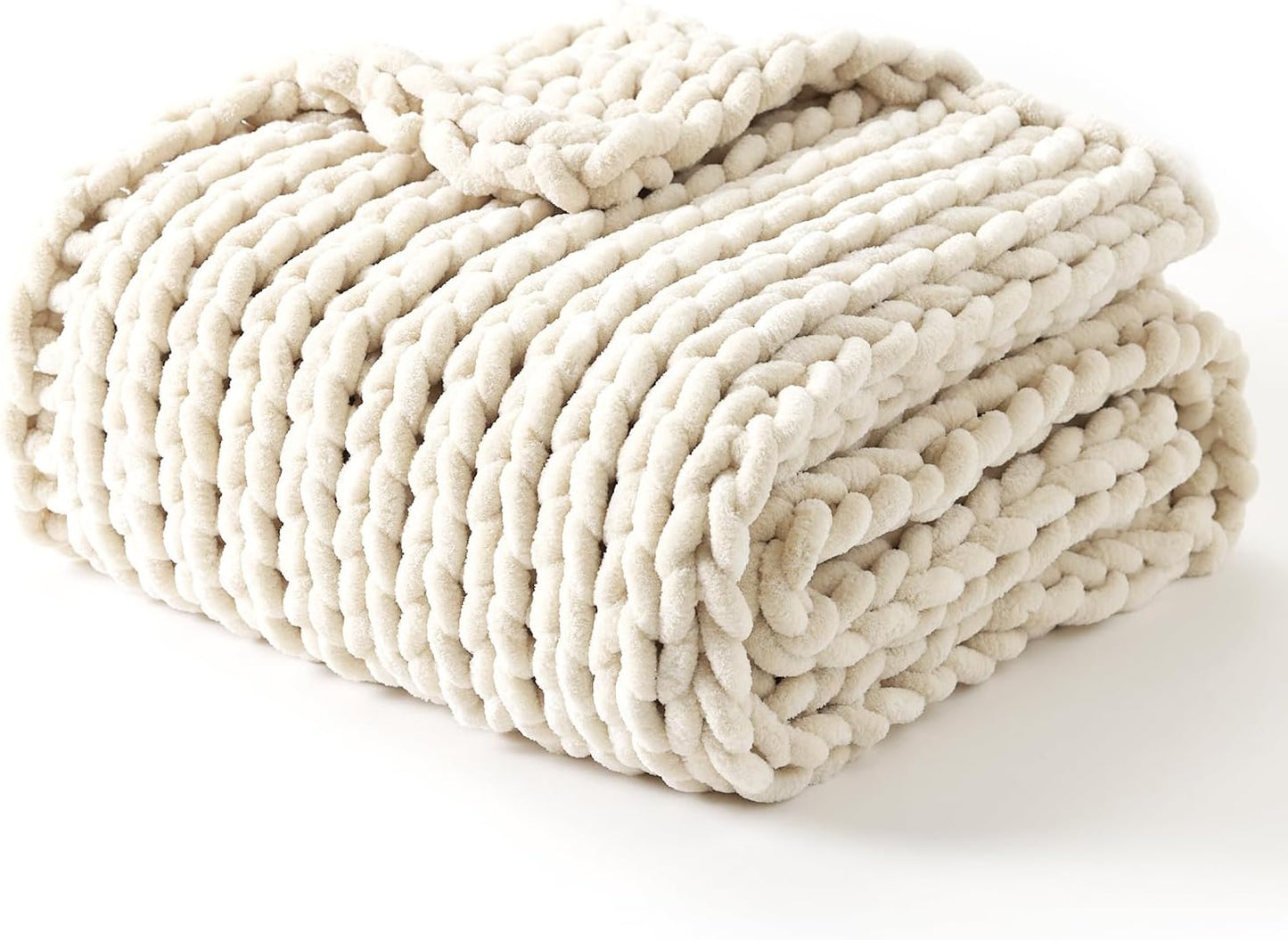 YnM Chunky Throw Blanket, Hand Knitted with Chenille Yarn, Skin Friendly, Ventilated and Breathable, Machine Washable, Home Décor Piece for Couch, Sofa and Bed (Butter Cream, 60x80 Inch)