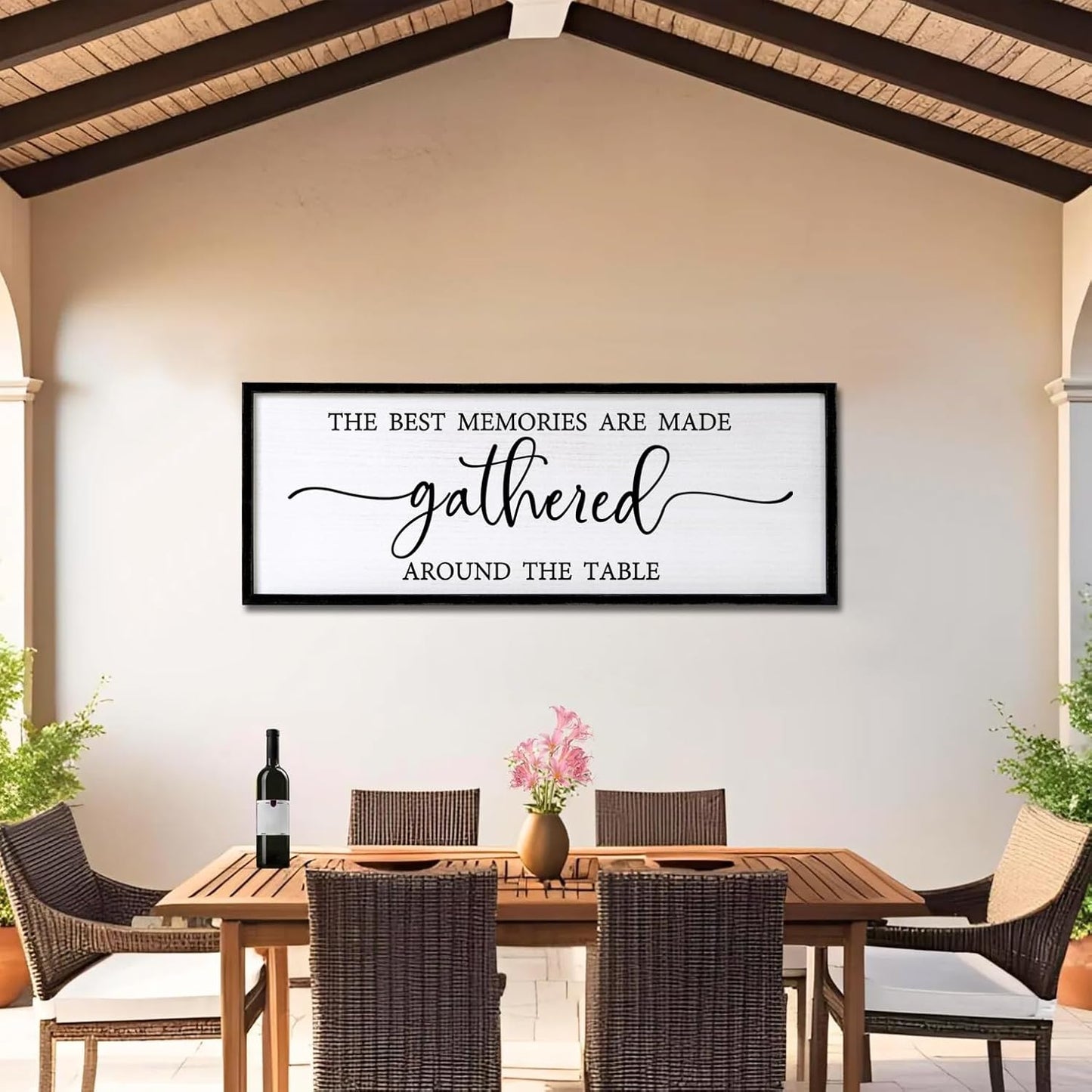 The Best Memories are Made Gathered Around The Table Sign Framed Wall Art, 32''×12'' Rustic Horizontal Plaque with Black Frame for Dinning Living Room, Farmhouse Long Home Family Wood Sign Wall Decor