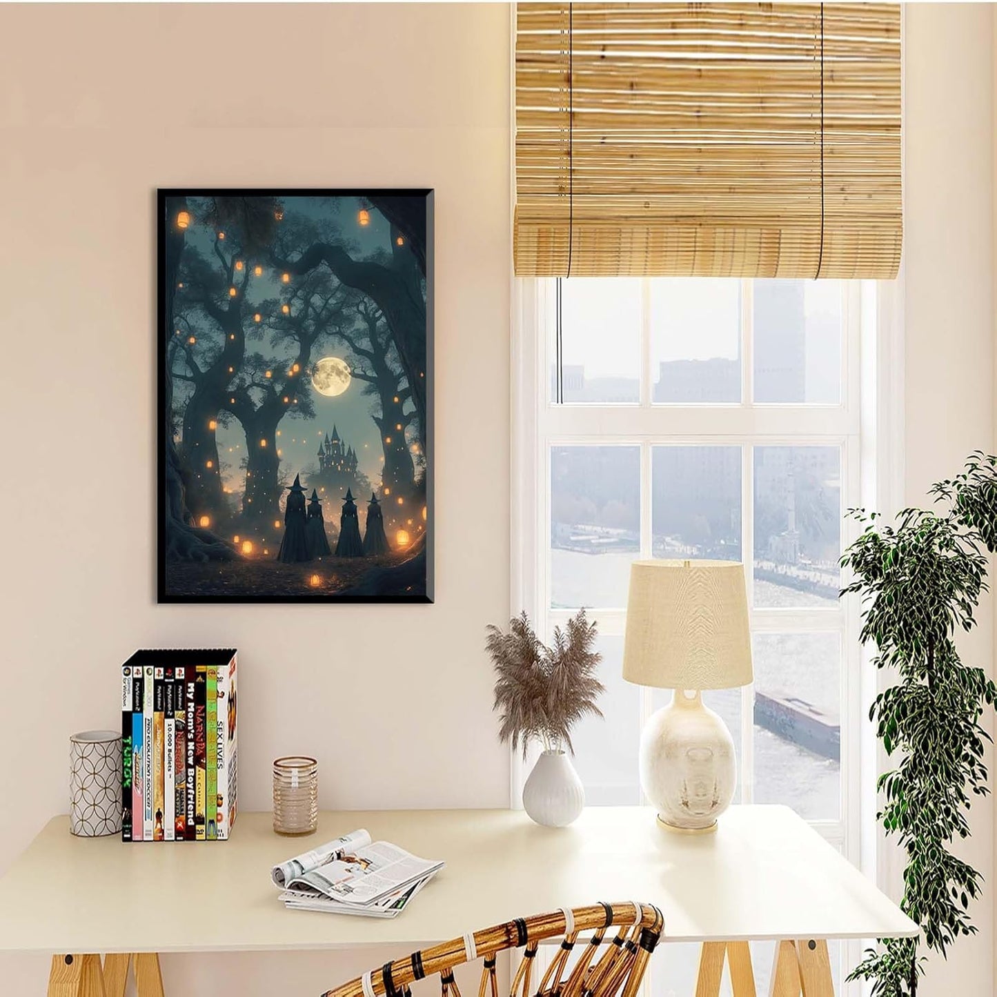 JFHCQJPK Mysterious creek painting witch and castle in magic forest art print canvas gothic print dark college decoration poster for home bedroom16x24in Metal blackFramed