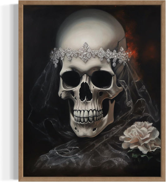 Skull Bride Poster Art Print, Halloween Scary Vintage Wall Art Academia Spooky Painting Decoration for Horror Prints, Gothic Posters Bedroom Decor 89 (Skull Bride, 16 x 20 inches, Wood Frame)