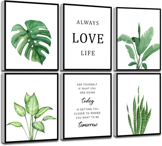 KIOSSUT FRAMED Tropical Botanical Plant Canvas Wall Art, Watercolor Green Leaf Plant Wall Decor With Inspirational Quotes, 8X10in, Framed)