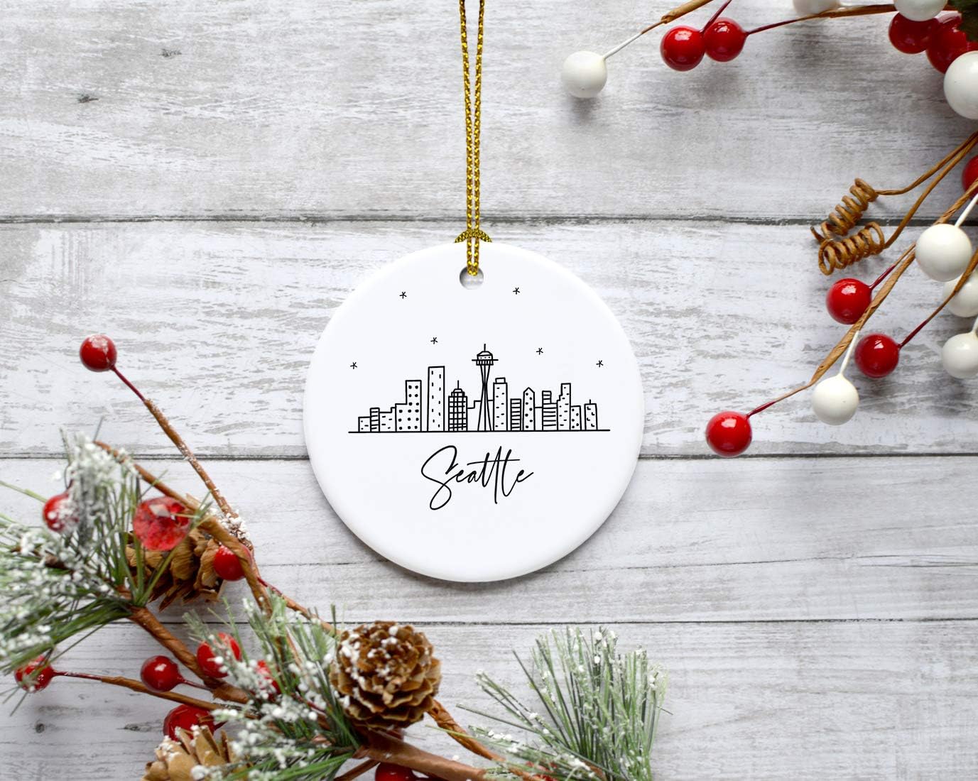 Andaz Press Round Ceramic Porcelain Christmas Tree Ornament Keepsake, Seattle Black and White Stars City Skyline Graphic, 1-Pack, Birthday Gift Ideas Family Coworker Him Her, Includes Gift Box