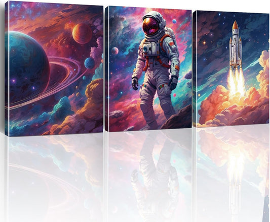 Outer Space Art Wall Decor Astronaut Spaceman Planets Spaceship Canvas Prints Posters Framed Artwork Space Room Boys Bedroom Playroom Nursery Home Space Decorations, 3 Panels