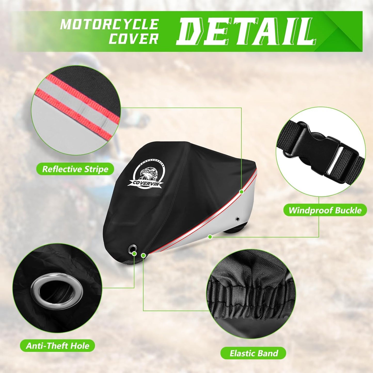 COVERVIN Motorcycle Cover, All Weather Outdoor Waterproof Night Protection with Reflective Strips, Locking Holes and Storage Bag for 116 Inch Suzuki, Kawasaki, Honda, Harley-Davidson(Silver XXXL)