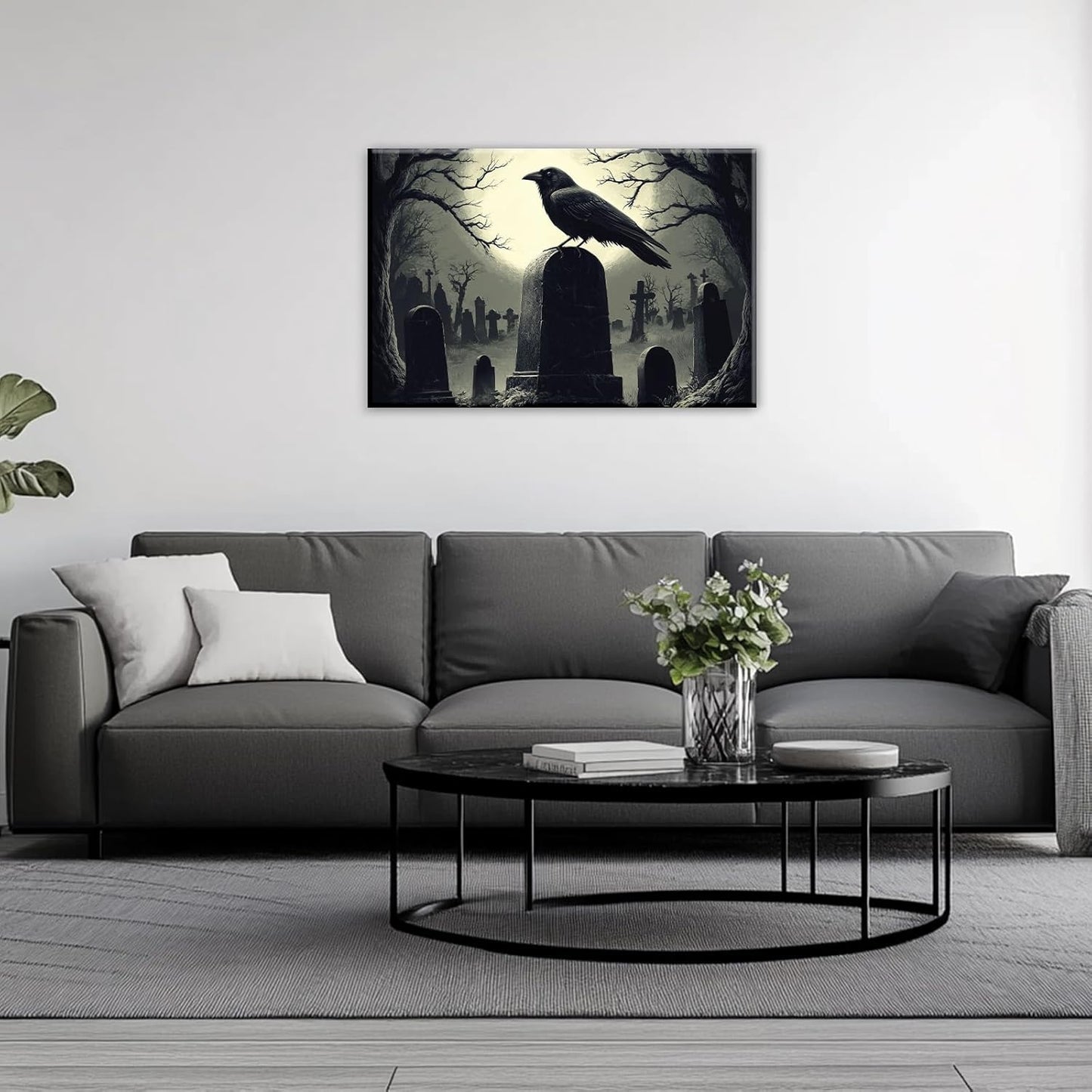 Crow Canvas Wall Art Gothic Black Bird On Branch Painting Print Spooky Forest Full Moon Scenery Poster Artwork Framed Halloween Home Decor(Artwork-3,16"x24")