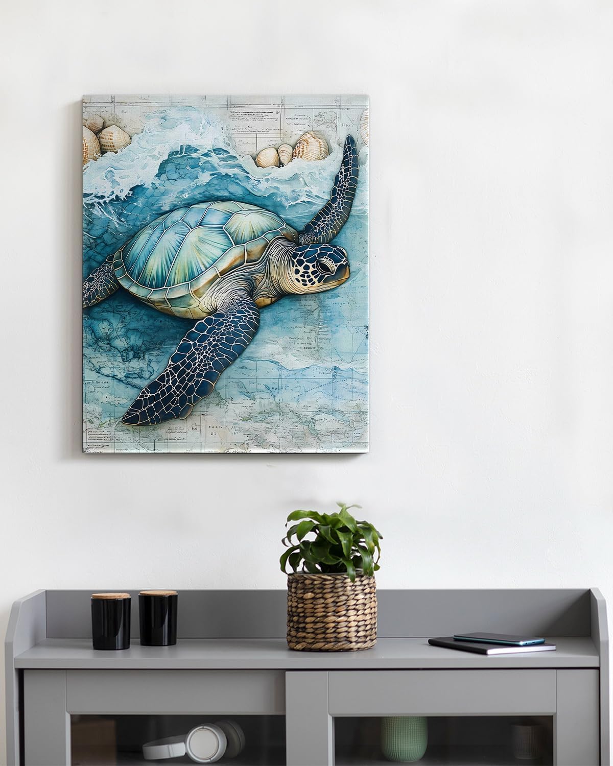 Coastal Sea Turtle Canvas Wall Art Turtle Nautical Ocean Theme Print Poster Framed Picture Painting for Home Beach House Bedroom Wall Decor 8x10 Inch