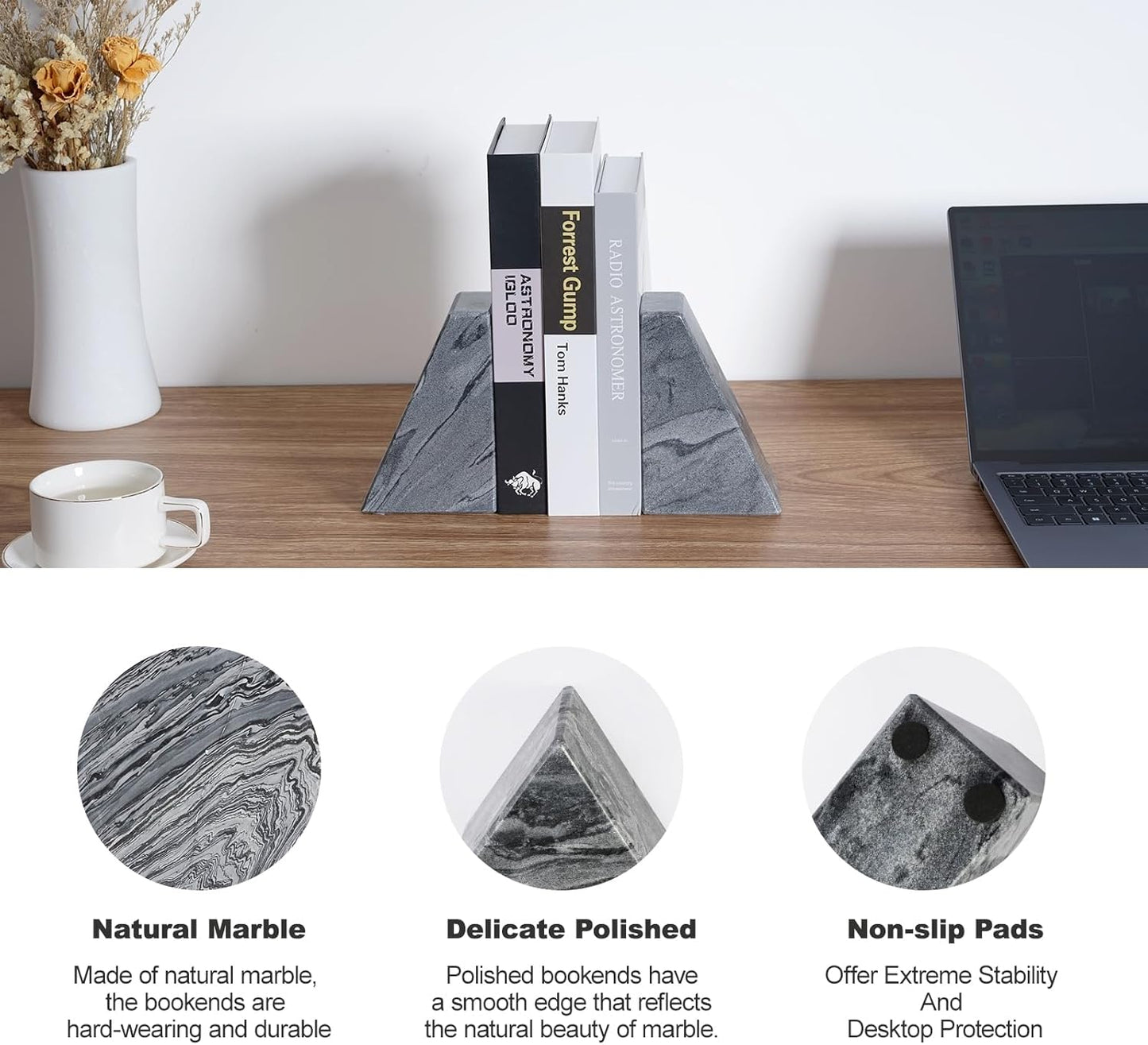 Marble Bookends for Heavy Books, Decorative Book Ends for Shelves, Unique and Heavy-Duty Book Ends for Hardback Book & CDS, Stone Book Stopper, Modern Book Holder, Monte Grigi, Set of 2