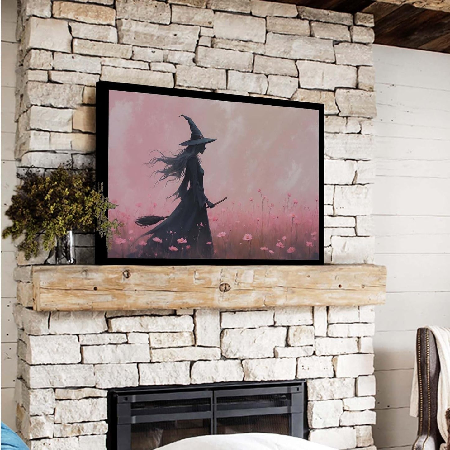 JFHCQJPK Witch in the pink sea of flowers Halloween prints weird flowers wall art silhouette painting fashionable romantic decoration suitable for bedroom20x30in Metal blackFramed