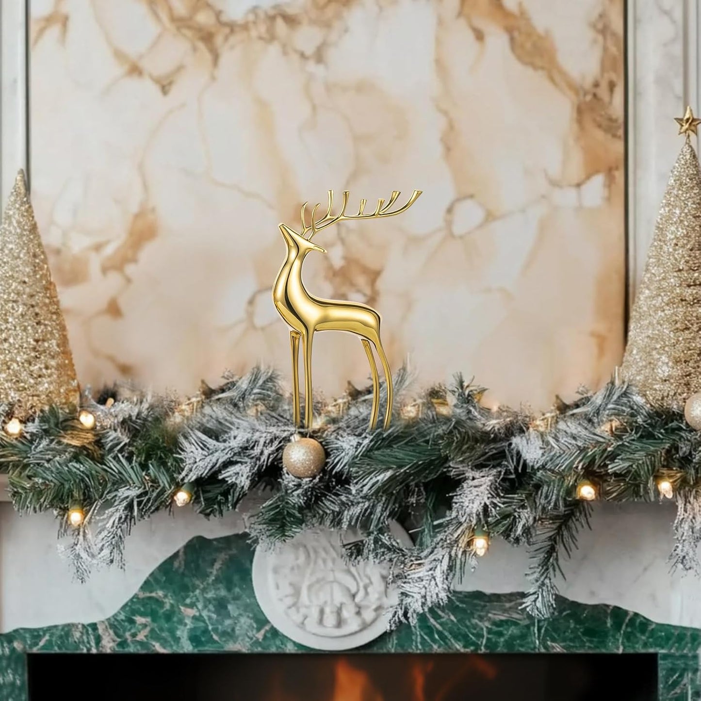 Sziqiqi Reindeer Sculpture for Christmas Table Centerpieces - Gold Brass Deer Antler Statue Decor Metal Elk Figurine Modern Stag Sculpture for Christmas Decorations Indoor Animal Rein Deer Ornaments