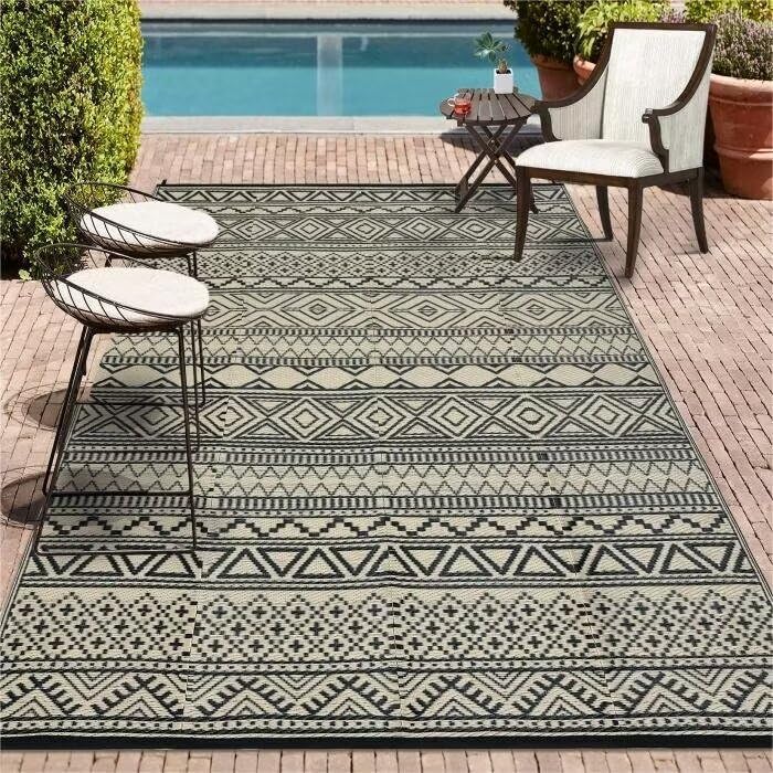 GAOMON Outdoor Rug for Patio Clearance 5x8 Reversible Plastic Straw Patio Rug for Camping Stain & UV Resistant RV Mats for Porch, Deck, Backyard, Camper, Balcony, Picnic, Black&Brown