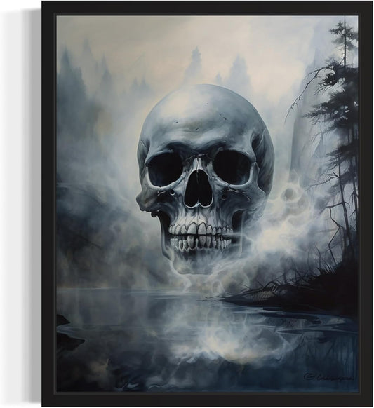Foggy Skull Poster Art Print, Halloween Scary Vintage Wall Art Academia Spooky Painting Decoration for Horror Prints, Gothic Posters Bedroom Decor 89 (Foggy Skull, 11 x 14 inches, Black Frame)