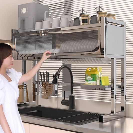 Home Furnishing Dish Rack Over Sink Stainless Steel Over The Sink Dish Drainer Drying Rack Space Kitchen Sink Rack Multifunctional countertop Dish Storage Rack Sink(Metallic,85cm/33.5in)