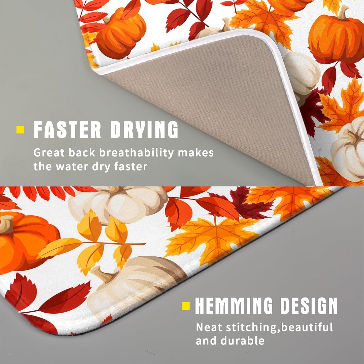 Fall Dish Drying Mat for Kitchen Counter Watercolor Pumpkins Autumn Leaves Thanksgiving Super Absorbent Reversible Microfiber Kitchen Countertop Protector Dishes Pad Small 16x18 inch