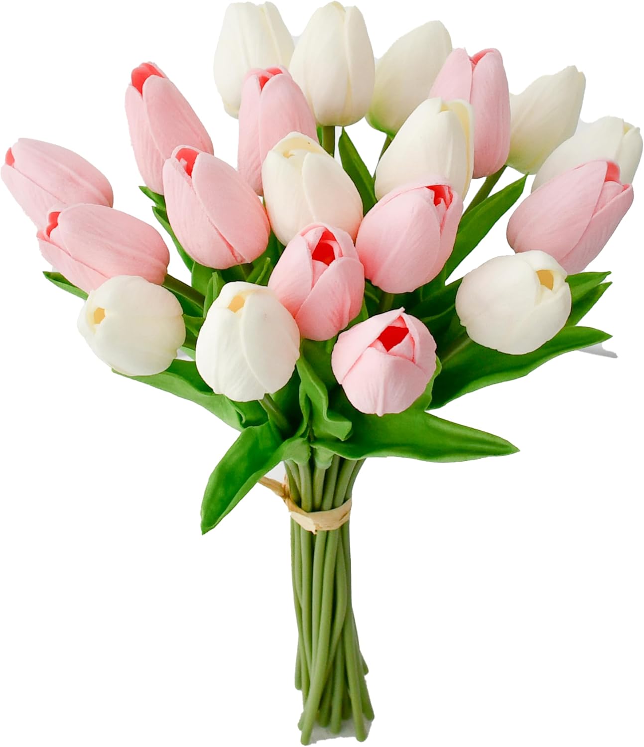 Mandy's Artificial Tulips 20 Stems White and Light Pink PU Faux Flowers for Wedding Home Decor 13.5 Inch