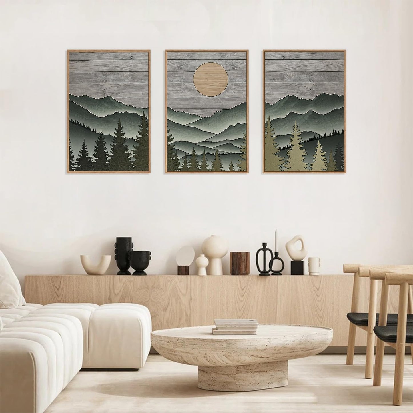 HLNIUC Mountain Framed Canvas Wall Art,Large Green Forest Woodcut Wall Decor Set of 3(16”x24”)Abstract Sun Forest Pine Trees Wall Painting,Rustic Sun Nature Landscape Art Print for Living Room,Bedroom