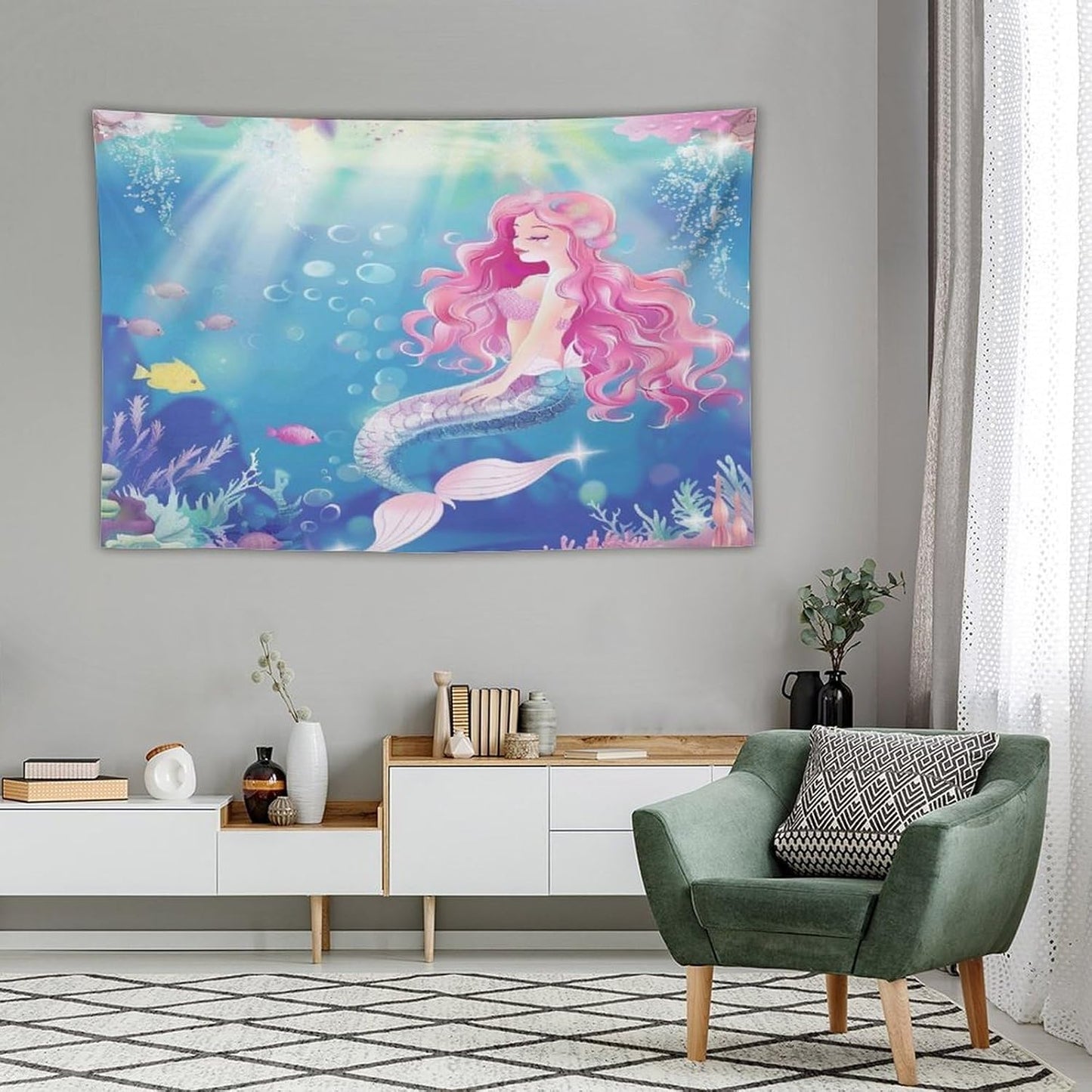 HZOHNAGO Mermaid Girls Tapestry Watercolor Mermaid Princess Pink Hair Pattern for Kids Room Decoration Printed Wall Tapestry Wall Hanging for Bedroom Living Room Dorm 60" W x 40" H