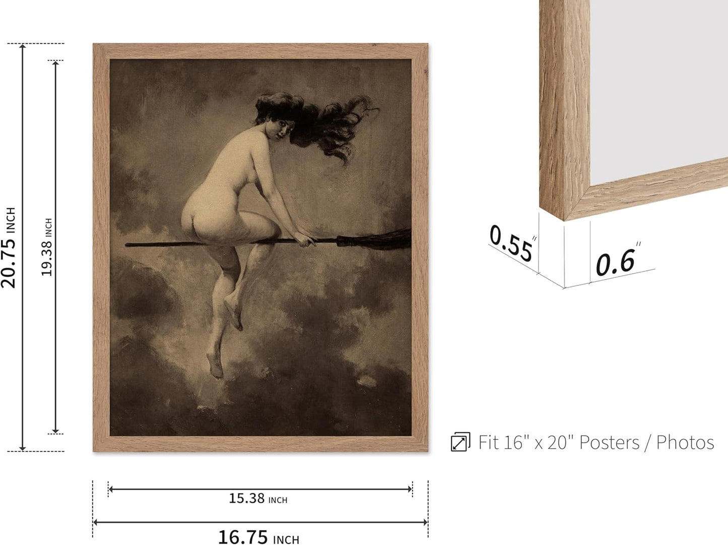 Poster Master Vintage Albert Joseph Penot Poster - Retro Halloween Print - Gift for Artist, Friend - Departure for the Sabbath, Naked Witch on Broom - Wall Decor for Bedroom, 16x20 Beige Framed