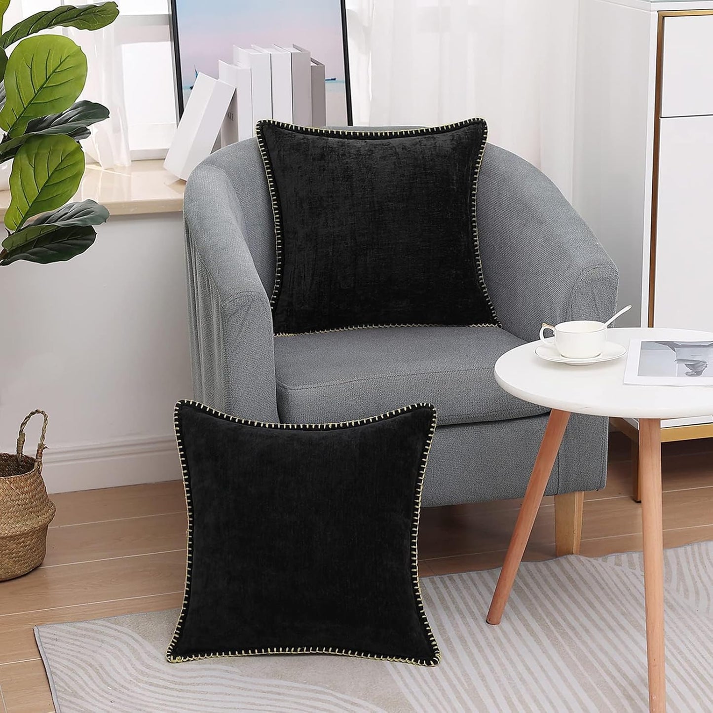 decorUhome Chenille Soft Throw Pillow Covers 24x24 Set of 2, Farmhouse Velvet Neutral Decorative Euro Pillow Covers with Stitched Edge for Couch Sofa Bed Home Decor, Black