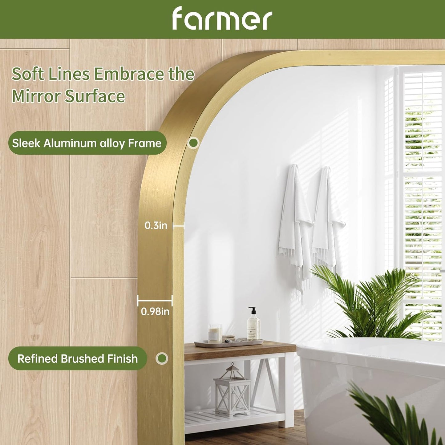 FARMER 24x36 Inch Gold Bathroom Mirror, Rectangle Vanity Mirror, Brushed Mirrors for Wall, Metal Frame Hanging Mirror with Round Corner for Bedrooms, Entryways, Living Rooms, Horizontal/Vertical