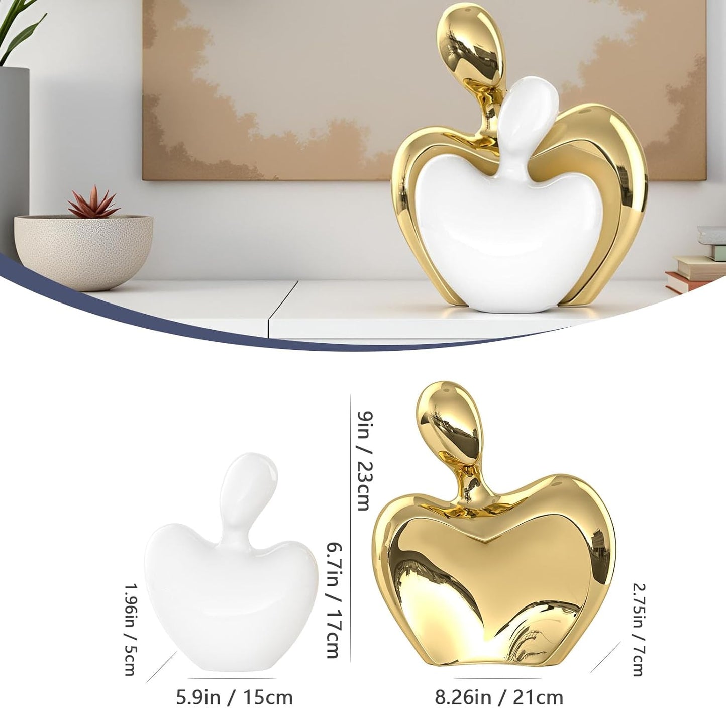 XMGZQ White and Gold Ceramic Couple Figurines Home Decor,Wedding Engagement Romantic Gift for Husband Wife,Large Male and Female Love Statue Valentine's Day Birthday,Abstract Hugging Couple