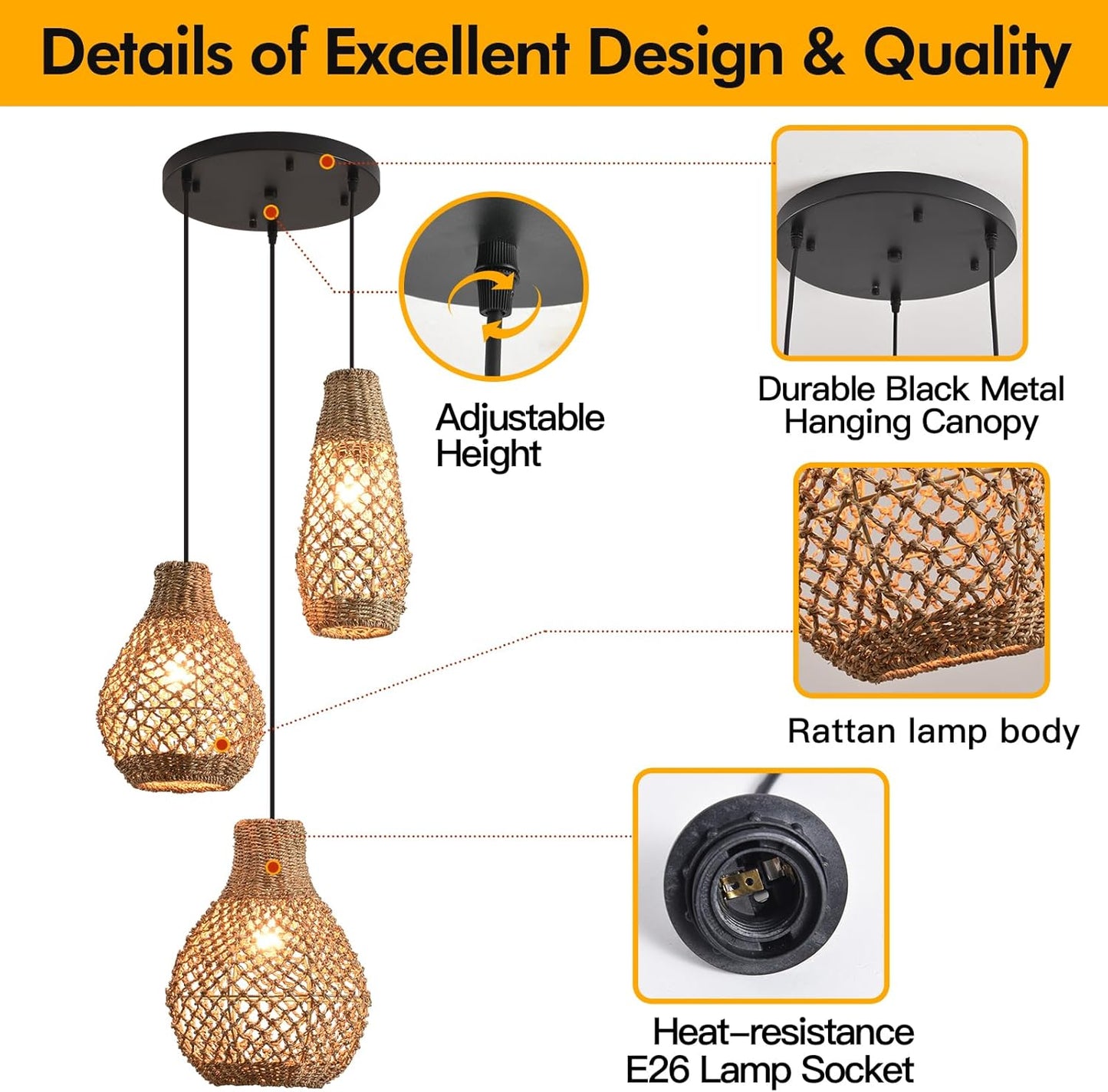 Boho Rattan Pendant Light,3 Light Coastal Woven Wicker Ceiling Hanging Farmhouse Chandelier for Kitchen Island Living Room Dining Room