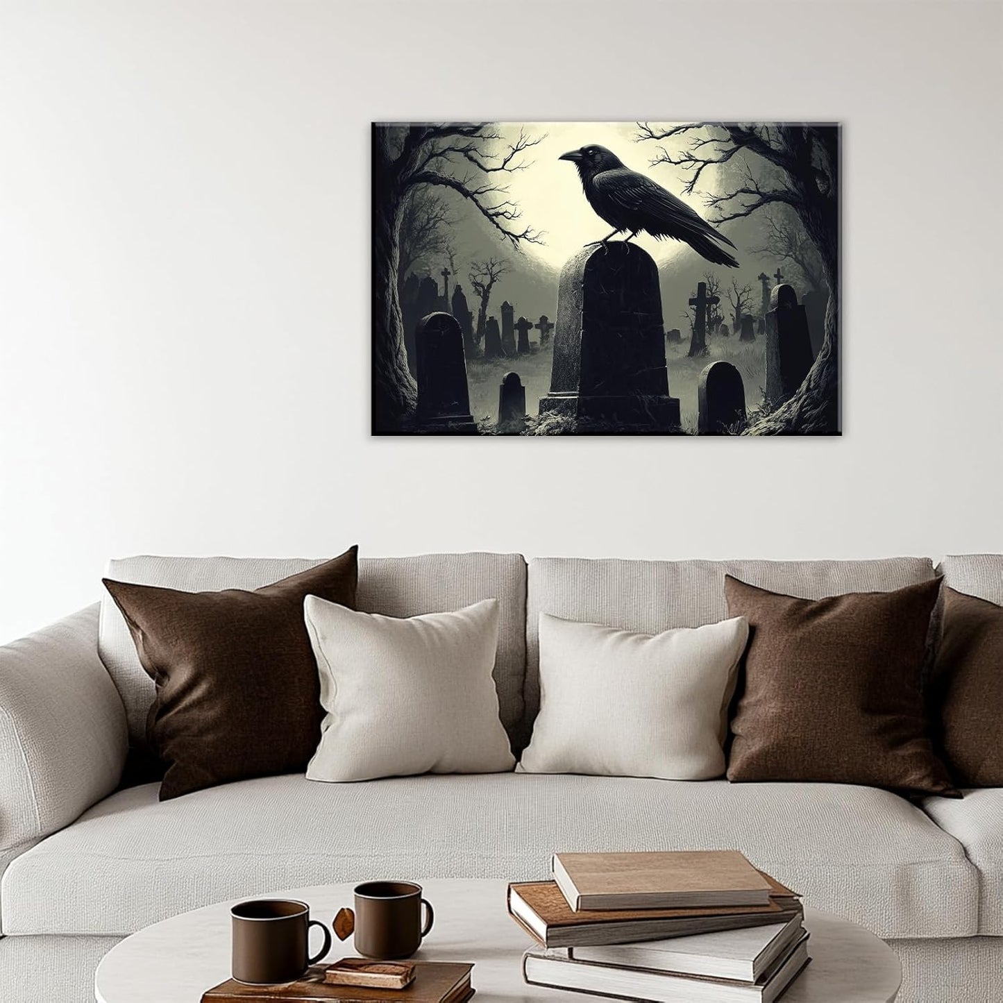 Crow Canvas Wall Art Gothic Black Bird On Branch Painting Print Spooky Forest Full Moon Scenery Poster Artwork Framed Halloween Home Decor(Artwork-3,20"x30")