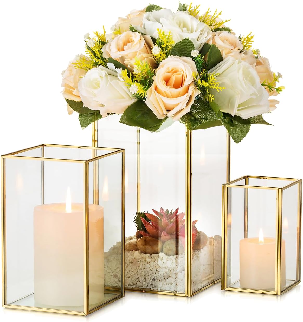 Glass Hurricane Candle Holder Large - Hewory 3pcs Gold Rectangle Flower Holders Centerpiece for Table, Tall Floor Square Pillar Candle Lantern for Wedding, Anniversary, Party, Fireplace, Dining Room