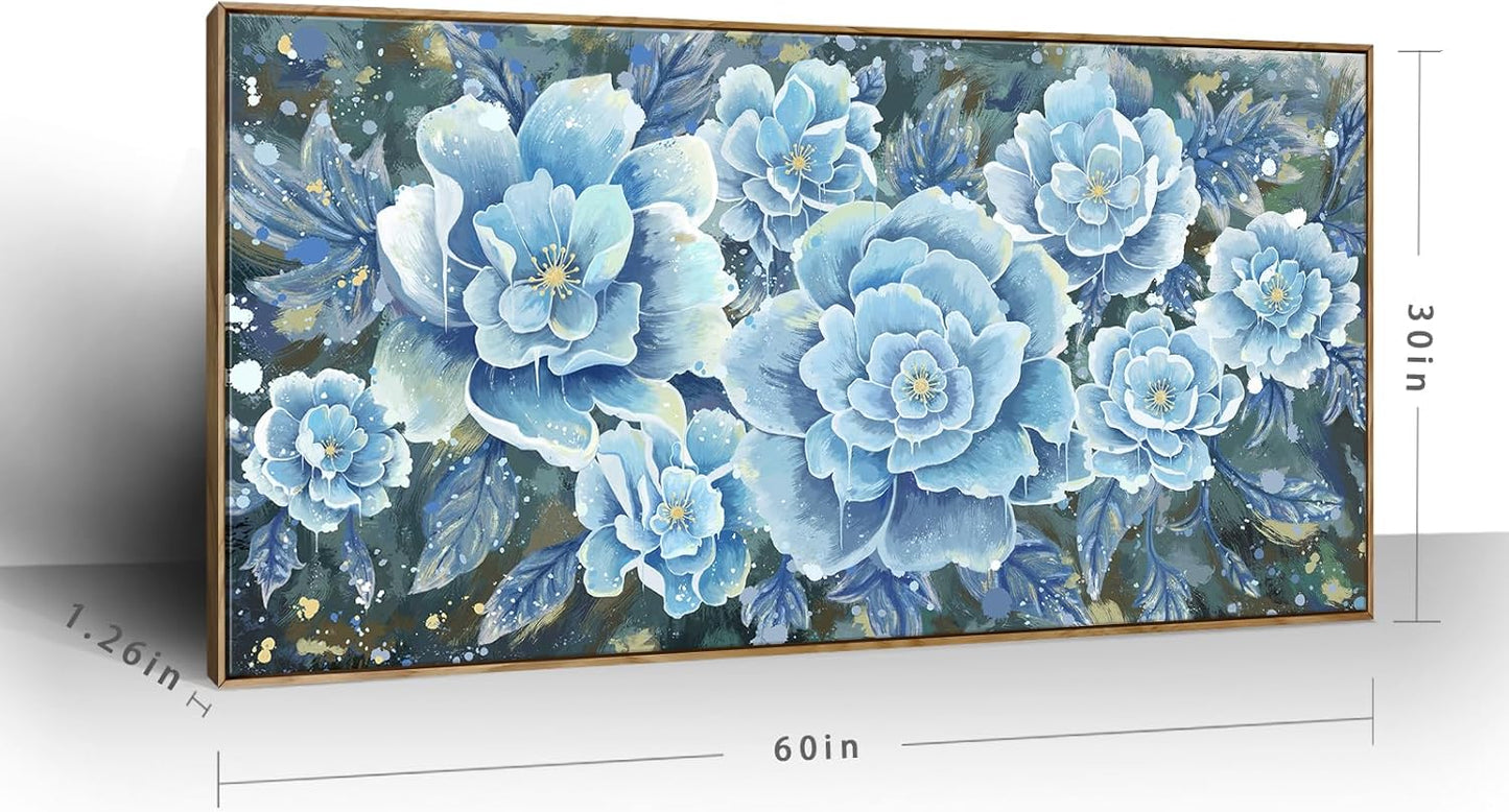 Extra Large Wall Art for Living Room, Framed Big Floral Blue Flower Canvas Print, Modern Oversized Blossom Peony Wall Picture Botanical Artwork for Dining Room Bedroom & Office Décor